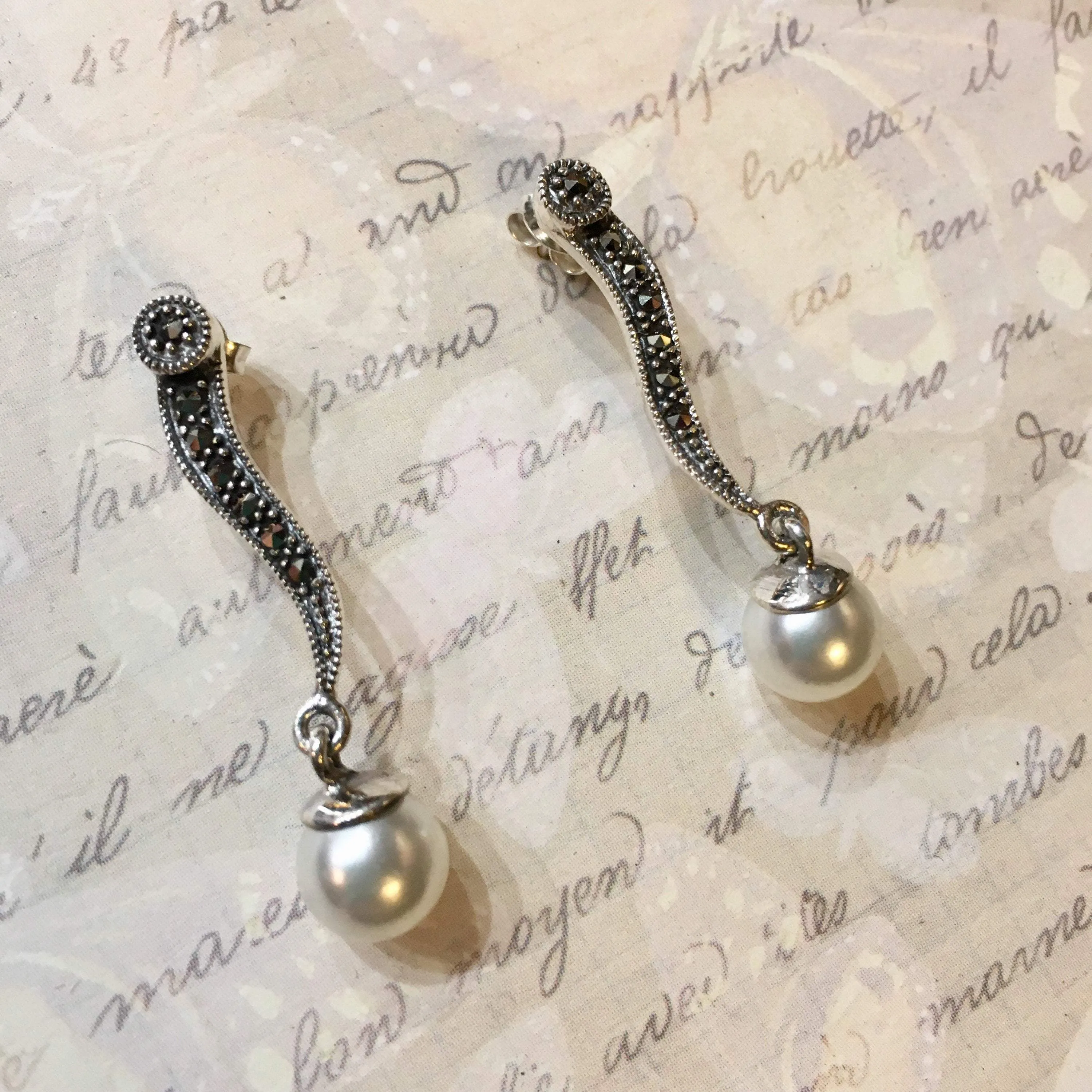 Pearl Earrings Silver Marcasite Wedding Bridal