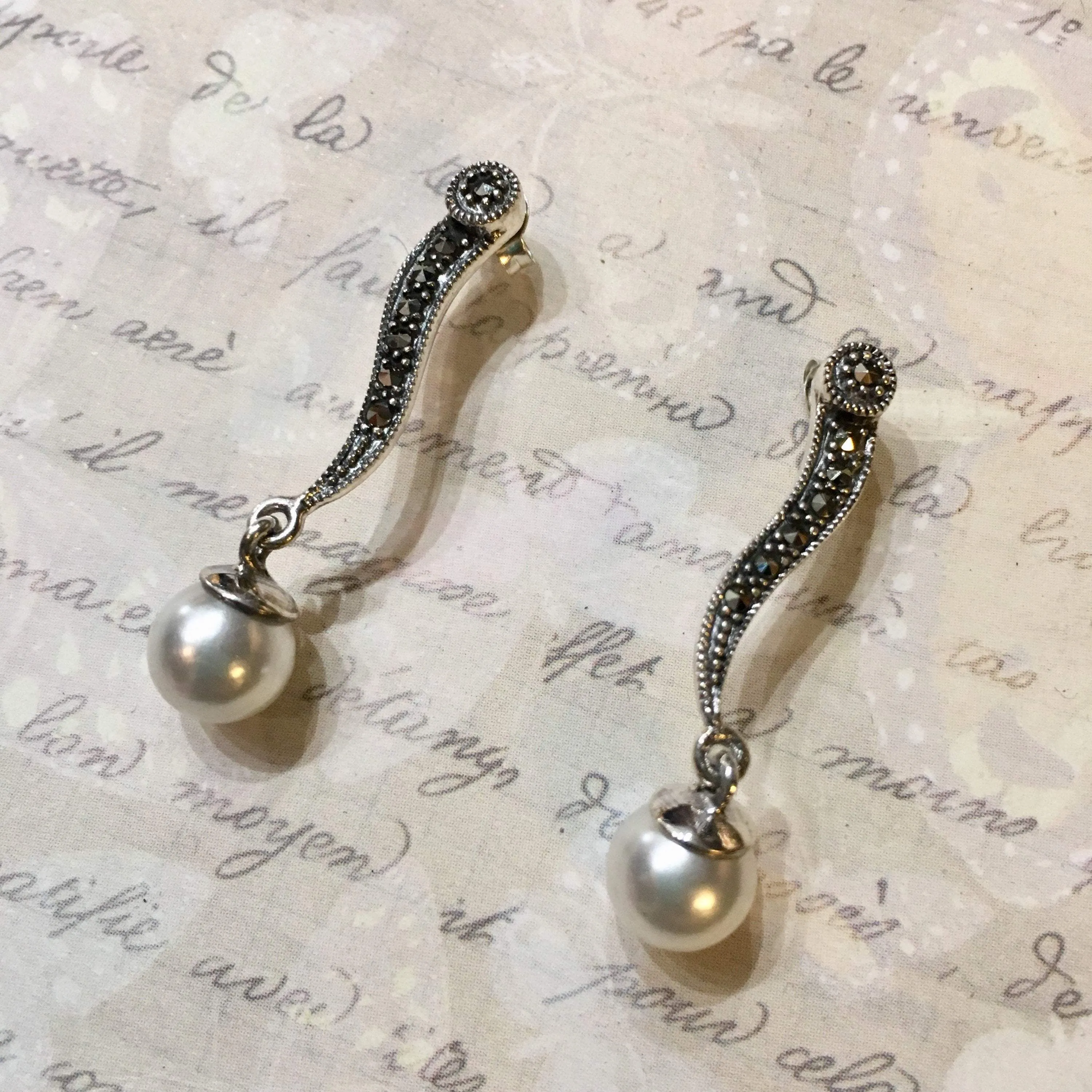 Pearl Earrings Silver Marcasite Wedding Bridal