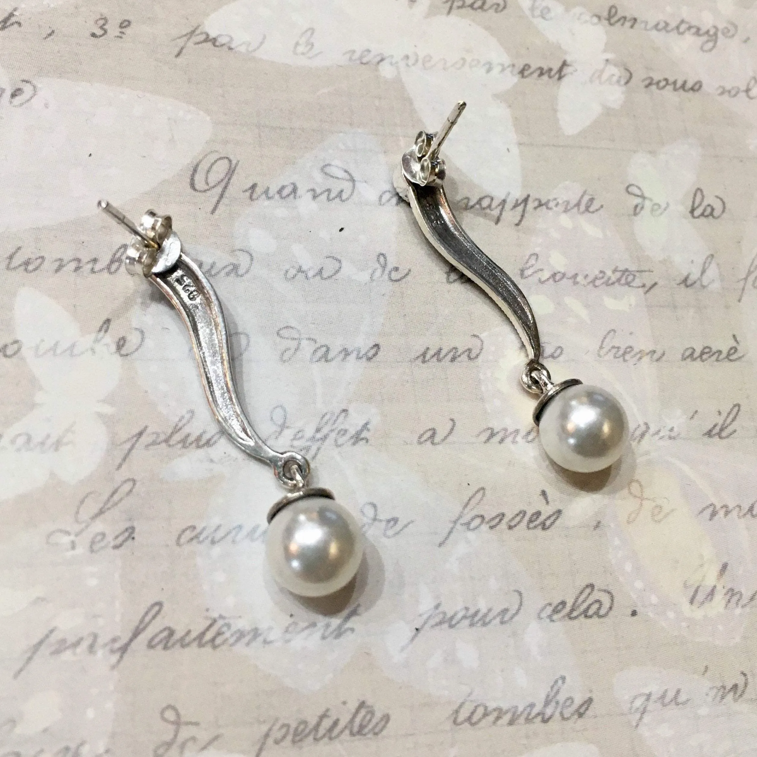 Pearl Earrings Silver Marcasite Wedding Bridal