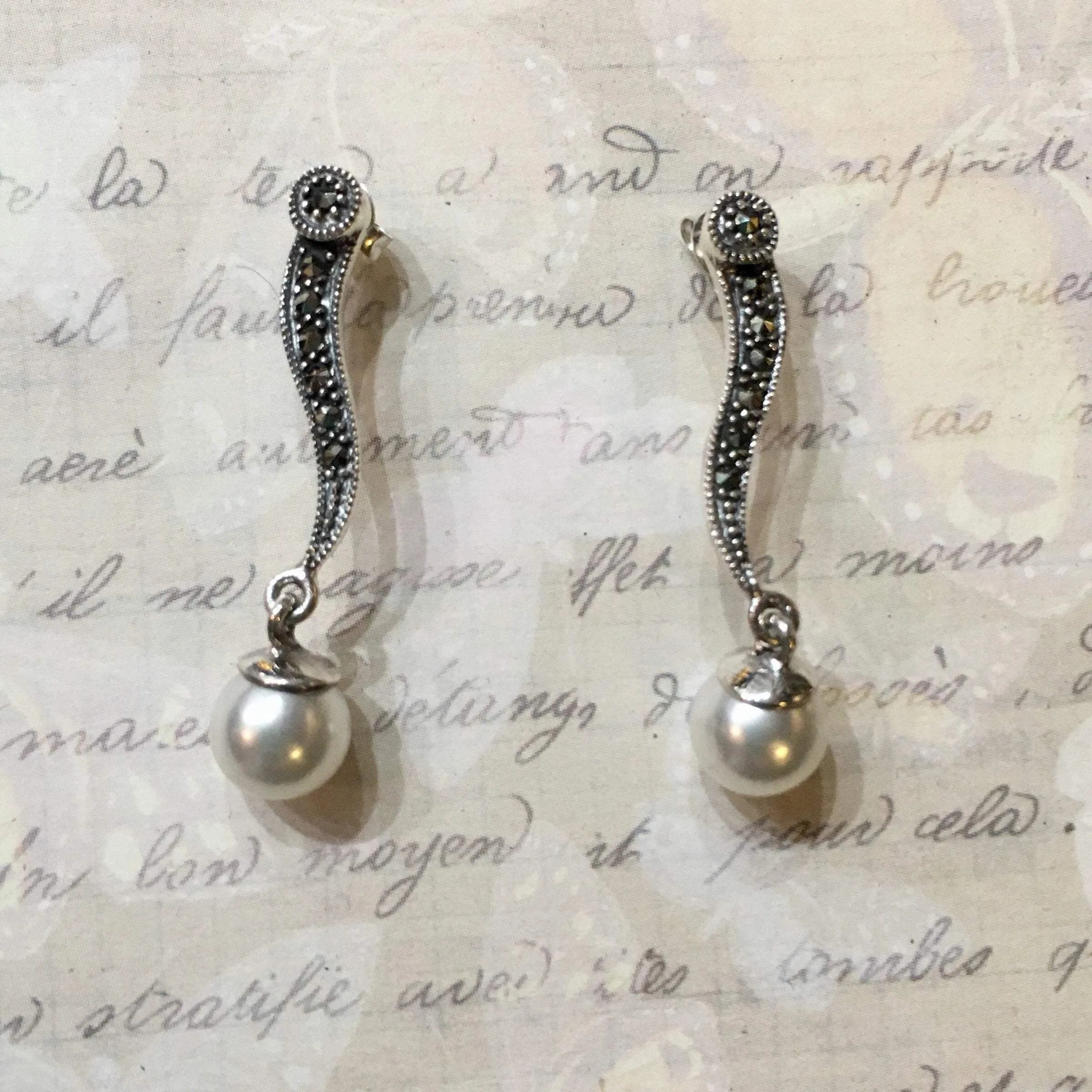 Pearl Earrings Silver Marcasite Wedding Bridal