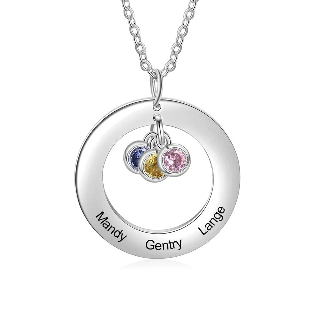 Personalized 3 Names And 3 Birthstones Stainless Steel Circle Necklace