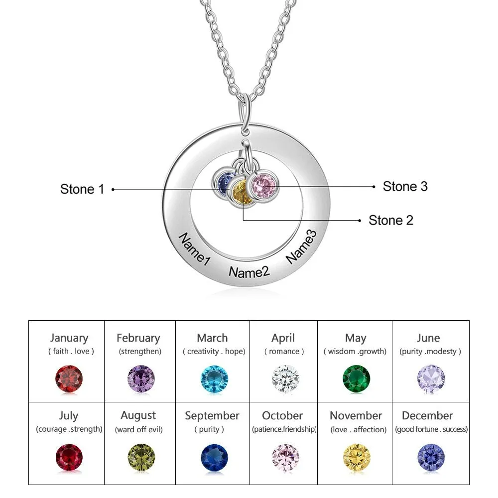 Personalized 3 Names And 3 Birthstones Stainless Steel Circle Necklace