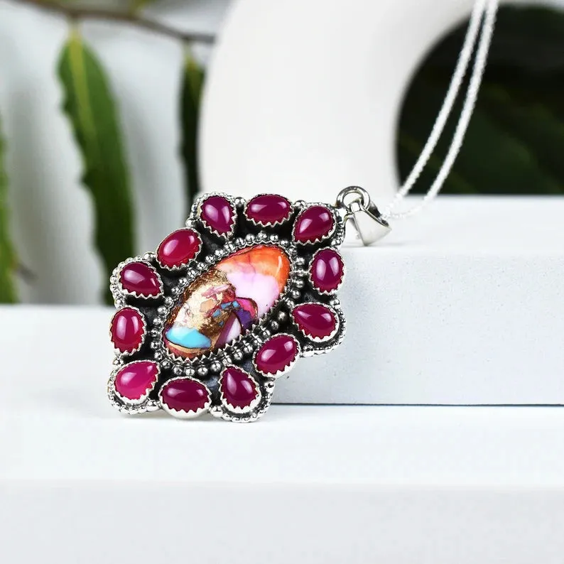 Pink Dahlia Turquoise And Pink Onyx Native American Cluster Pendants - 925 Sterling Silver Pendant