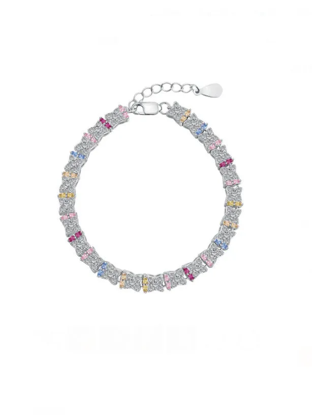 Pink Rainbow Tennis Bracelet 925 Sterling Silver Colorful Pink Diamond Zircon Luxury Bracelet Womens Jewelry