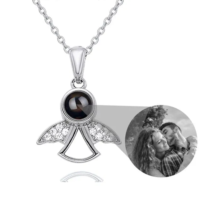 Projection Photo Memory Necklace Angel Pendant With Crystal Wing Personalized Jewelry