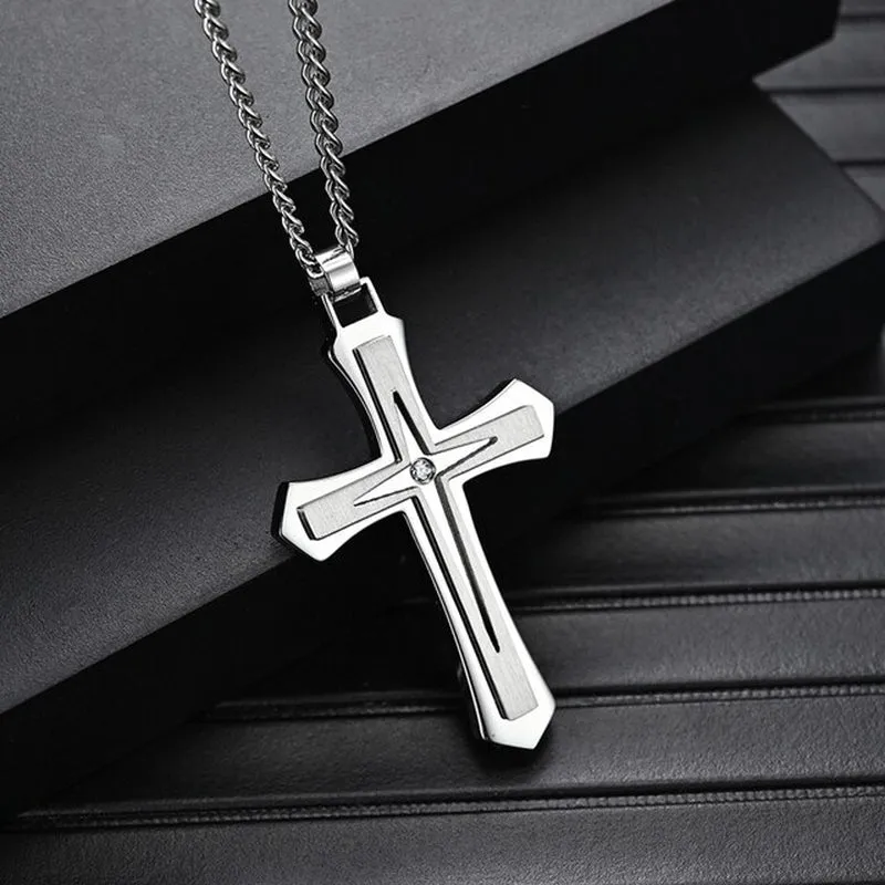 "Timeless Elegance: Wholesale Dropship Men's Stainless Steel Cross Pendant Necklace - Embrace Christian Fashion with Style!"