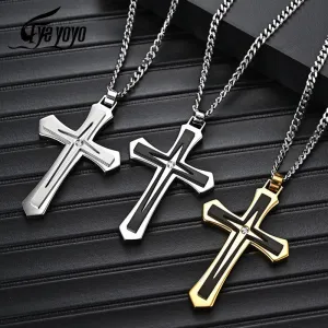 "Timeless Elegance: Wholesale Dropship Men's Stainless Steel Cross Pendant Necklace - Embrace Christian Fashion with Style!"