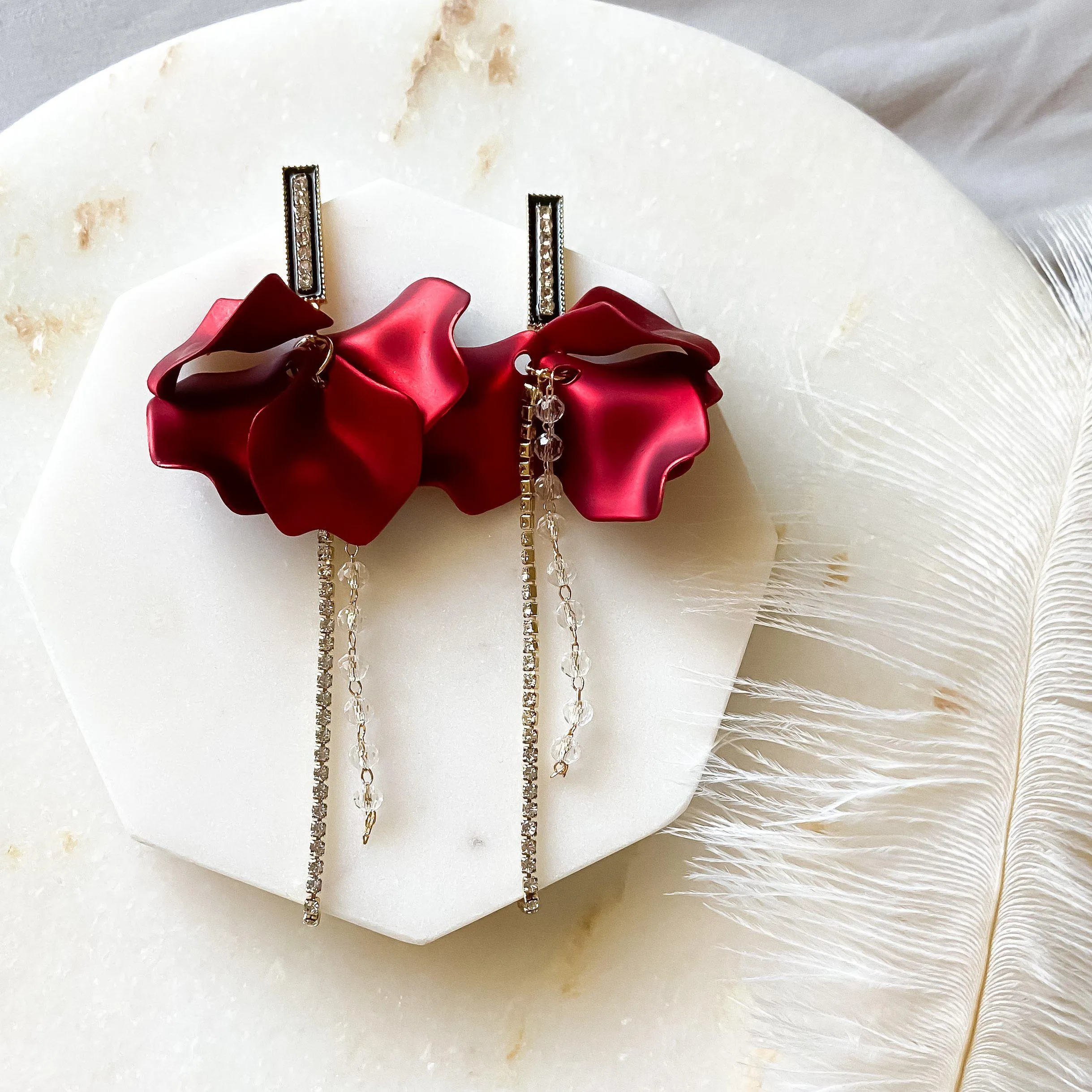 Red Velvet & Rhinestone Drop Earrings - LAST CHANCE!