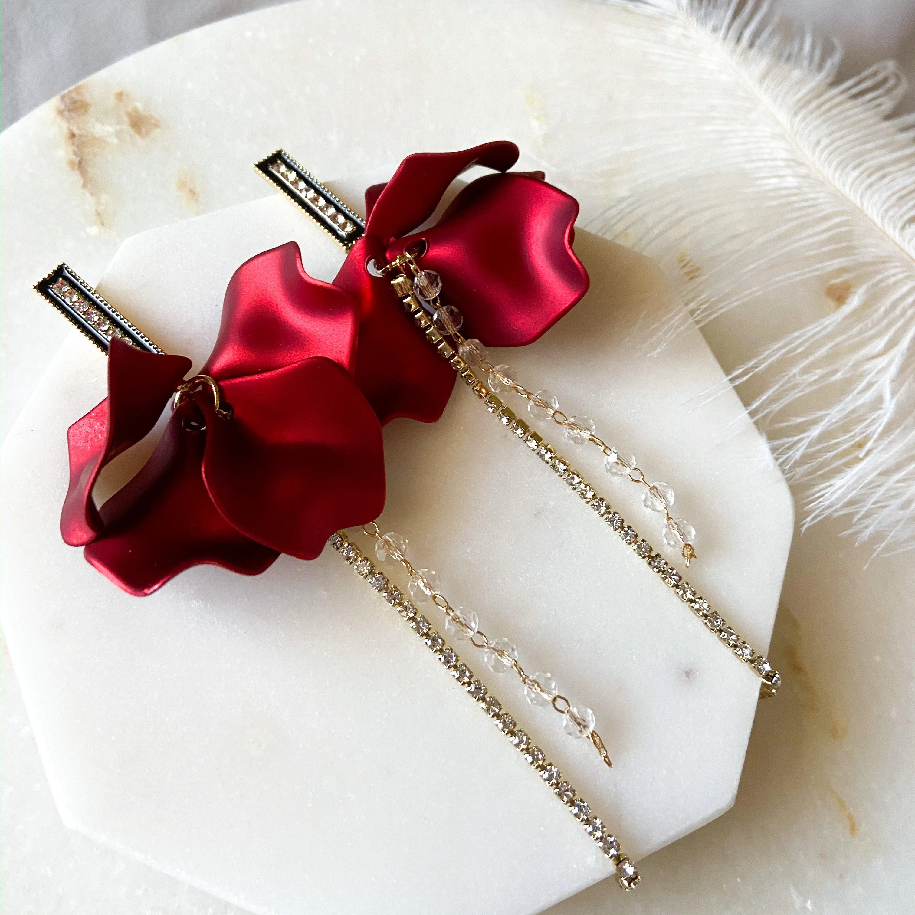 Red Velvet & Rhinestone Drop Earrings - LAST CHANCE!