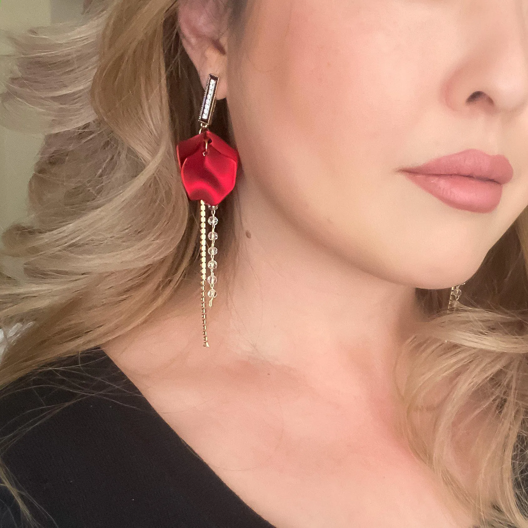 Red Velvet & Rhinestone Drop Earrings - LAST CHANCE!