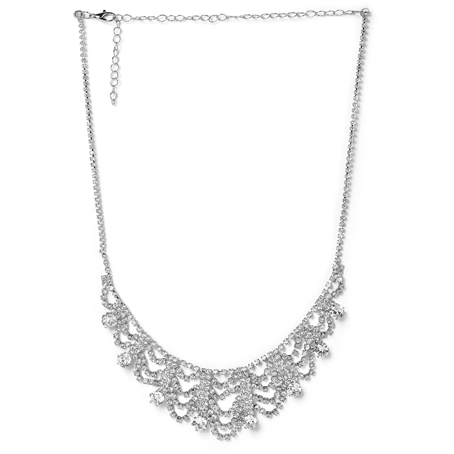 Rhodium Plated AD & Cubic Zirconia Studded Luxurious Draped Statement Necklace