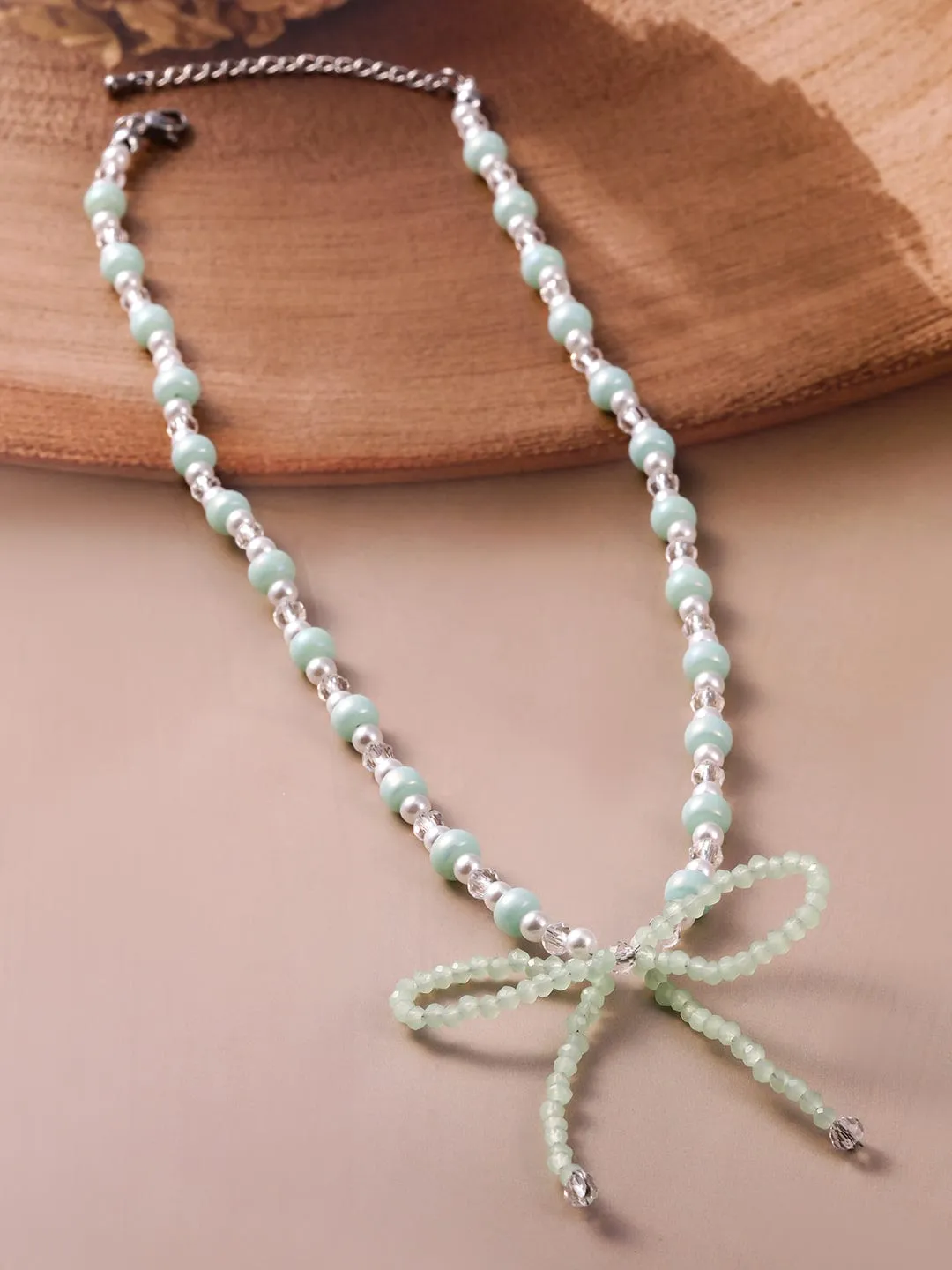 Rhodium Plated Aqua Green & White Beaded Necklace with Mint Green Bow Pendant