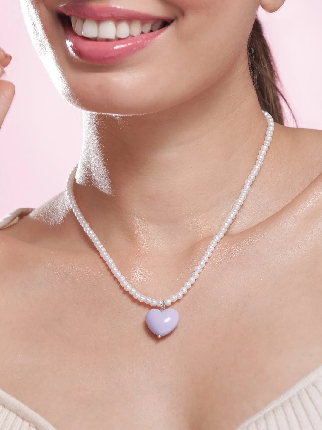 Rhodium Plated Purple Colored Heart Pendant with White Pearls Necklace