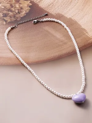 Rhodium Plated Purple Colored Heart Pendant with White Pearls Necklace