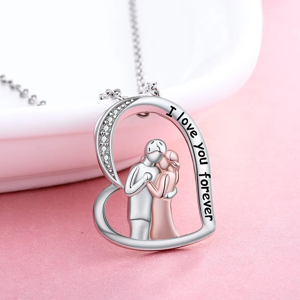 Rose Couple Heart Love Pendant Chain 925 Sterling Silver Husband hugged Wife Necklace for Women Fine Jewelry Valentine Gift