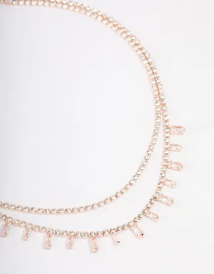 Rose Gold Double Row Dainty Rectangle Diamante Necklace