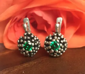 Round Emerald Earrings - Sphere Silver Earrings - Emerald Drop Earrings