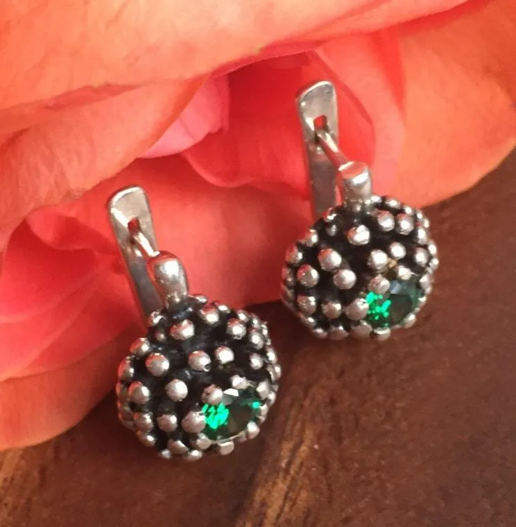 Round Emerald Earrings - Sphere Silver Earrings - Emerald Drop Earrings