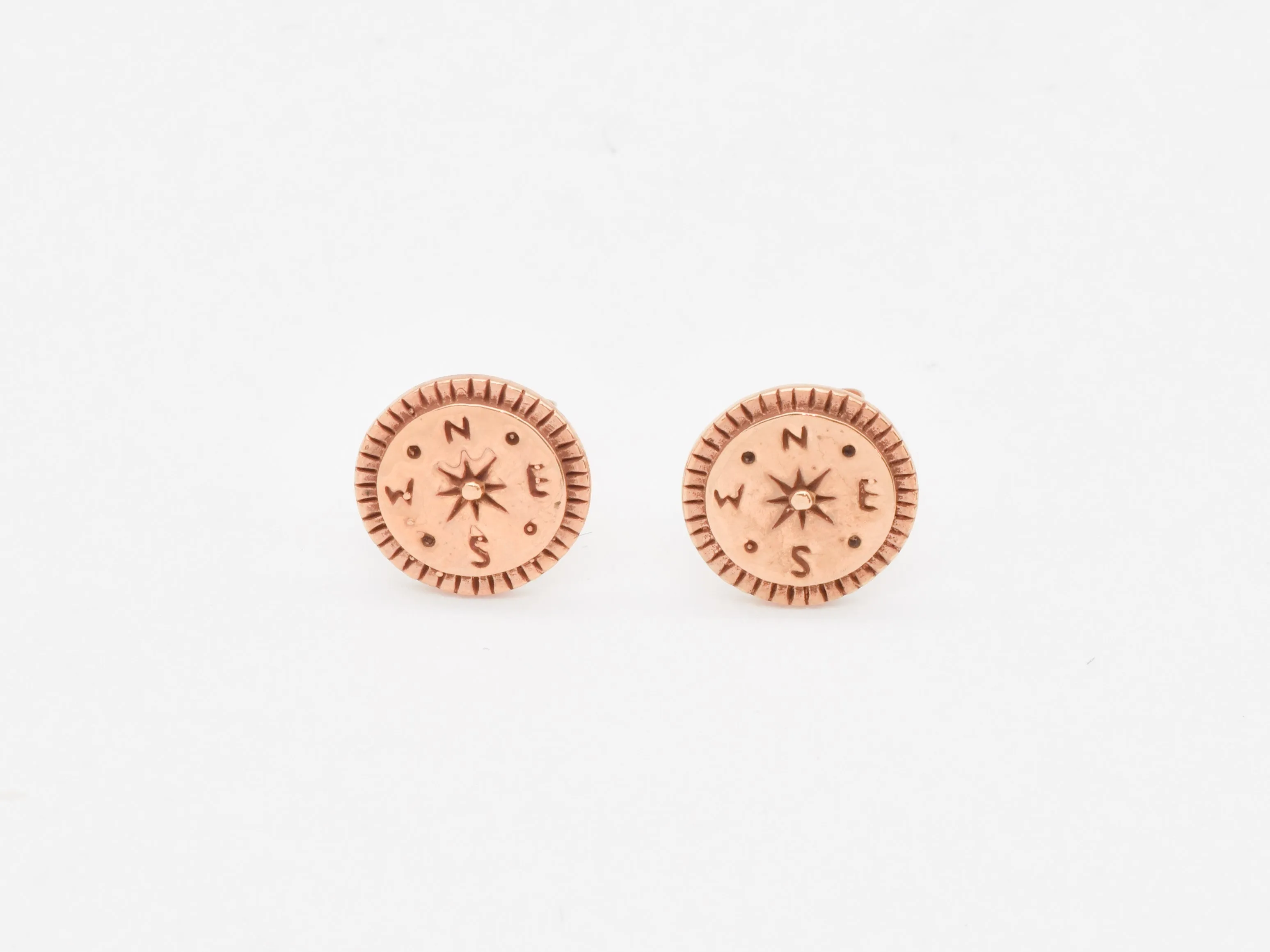 Round Pink Studs - Rose Gold Earrings - Gold Compass Earrings