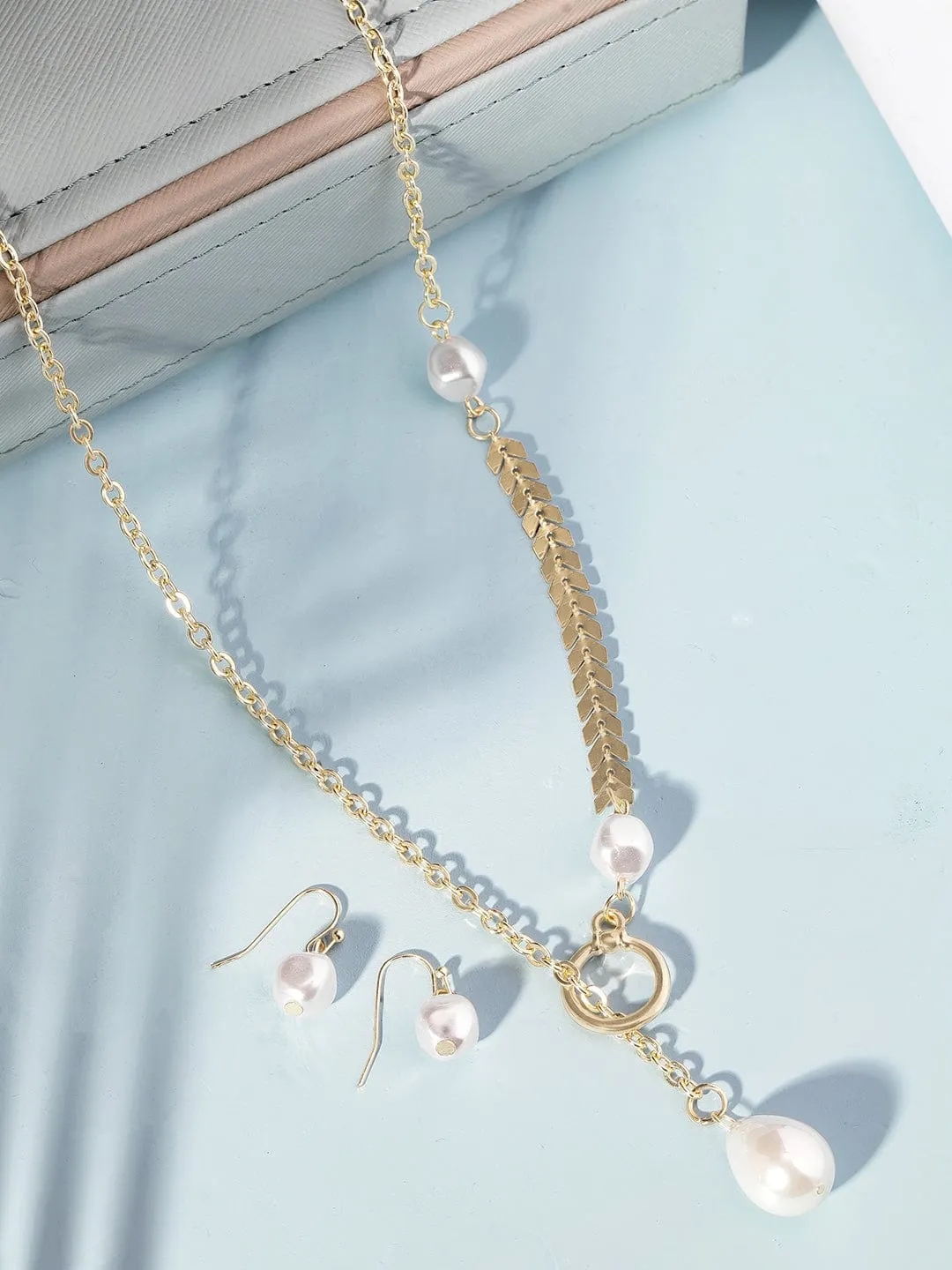 Rubans 22K Gold-Plated Necklace & Earrings Set with Pearl Beads and Chain Detailing