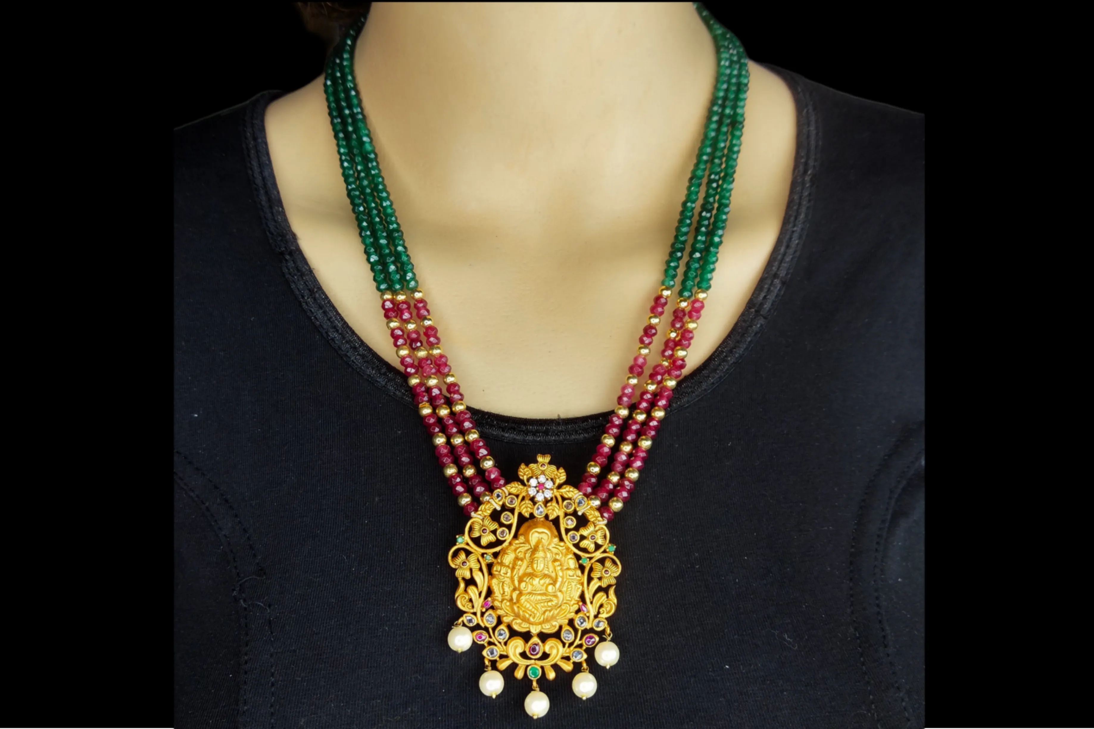 Ruby, Emralds Beads Necklace with Laxmi pendant By Asp Fashion Jewellery