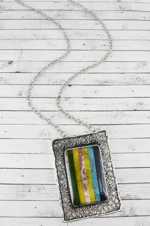 SALE! Colorblock Stripe and Textured Silvertone Rectangle Pendant Necklace