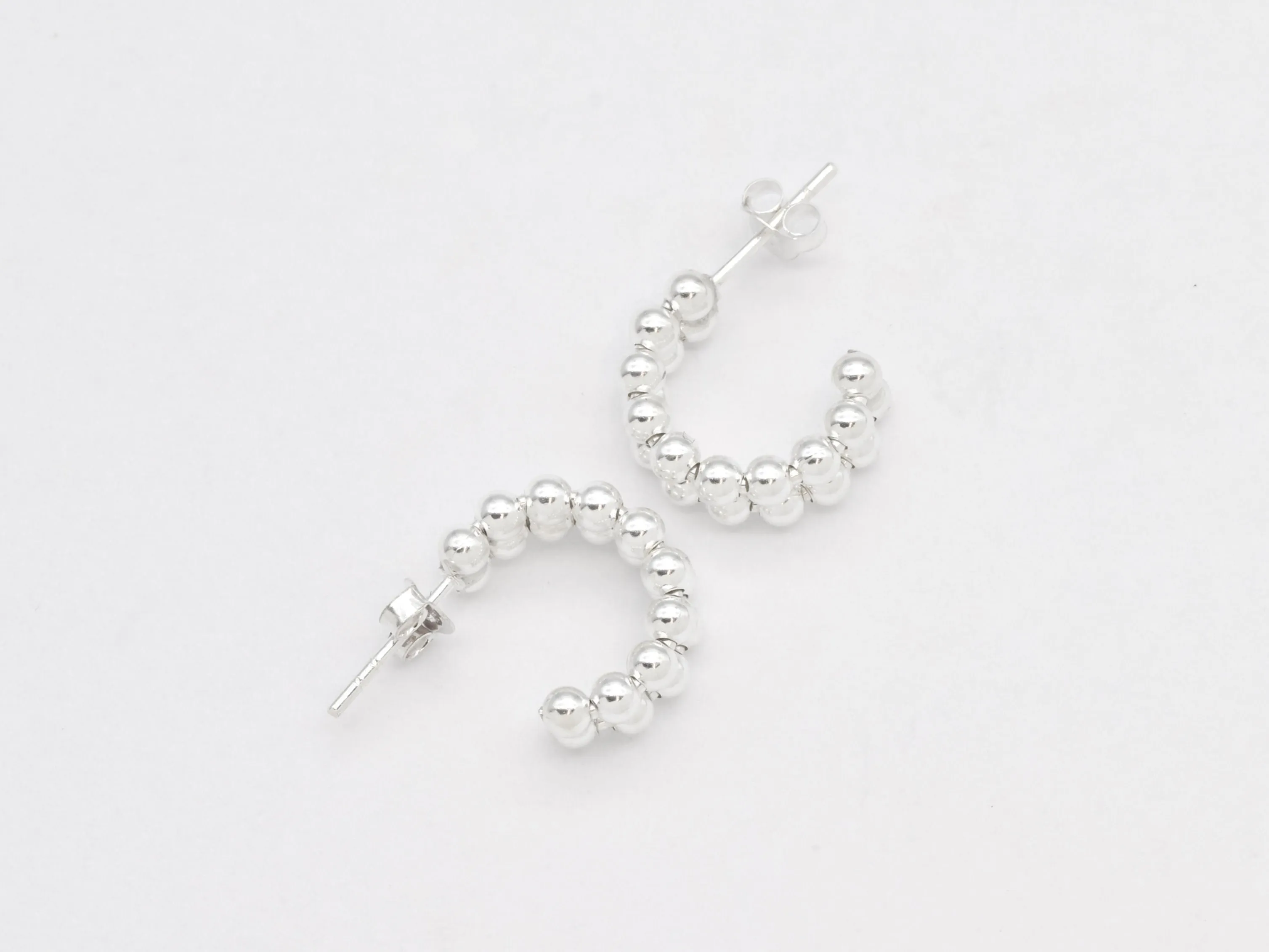 Silver Bead Earrings - Half Hoops Earrings - Double Row Earrings