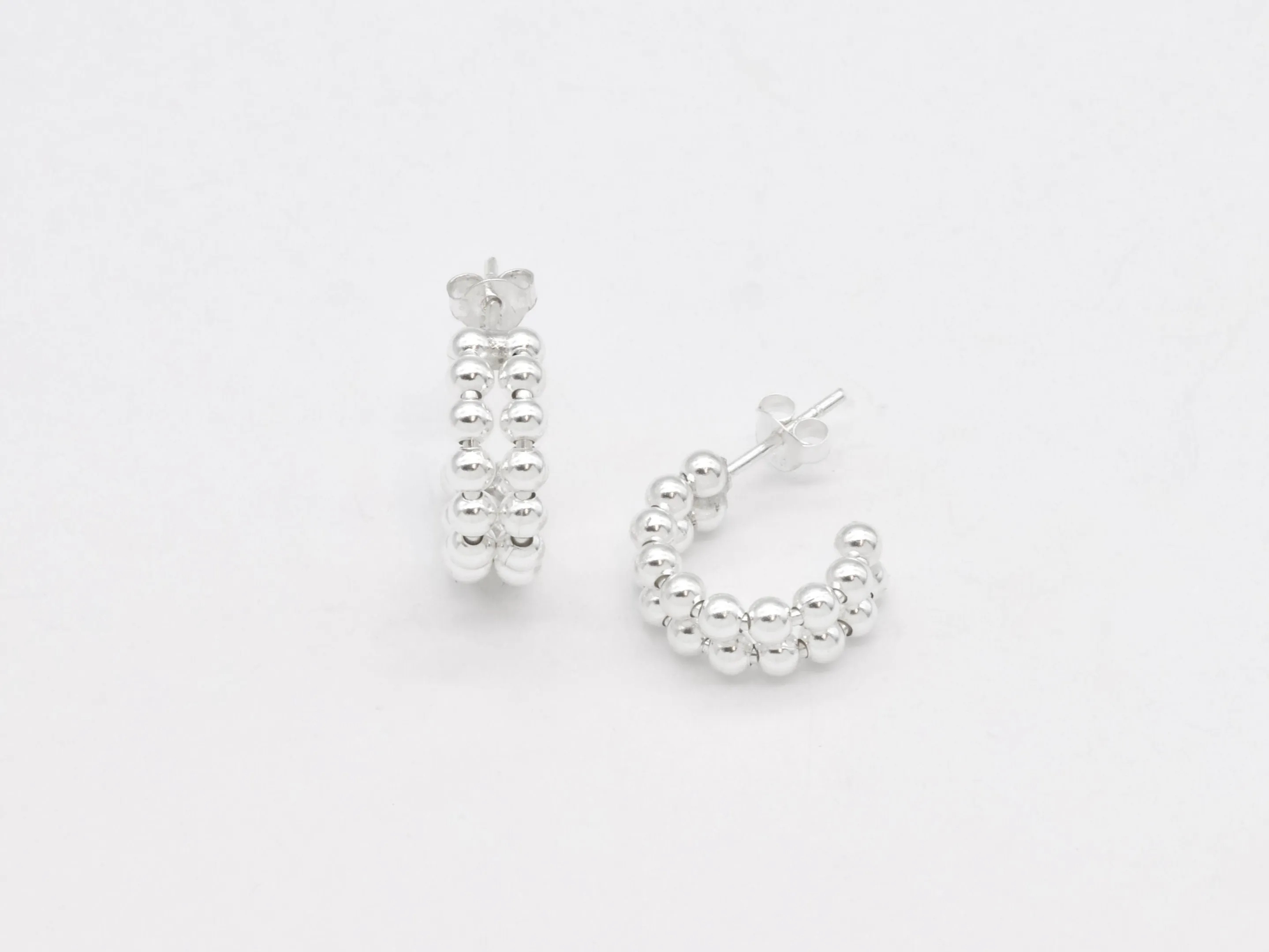 Silver Bead Earrings - Half Hoops Earrings - Double Row Earrings