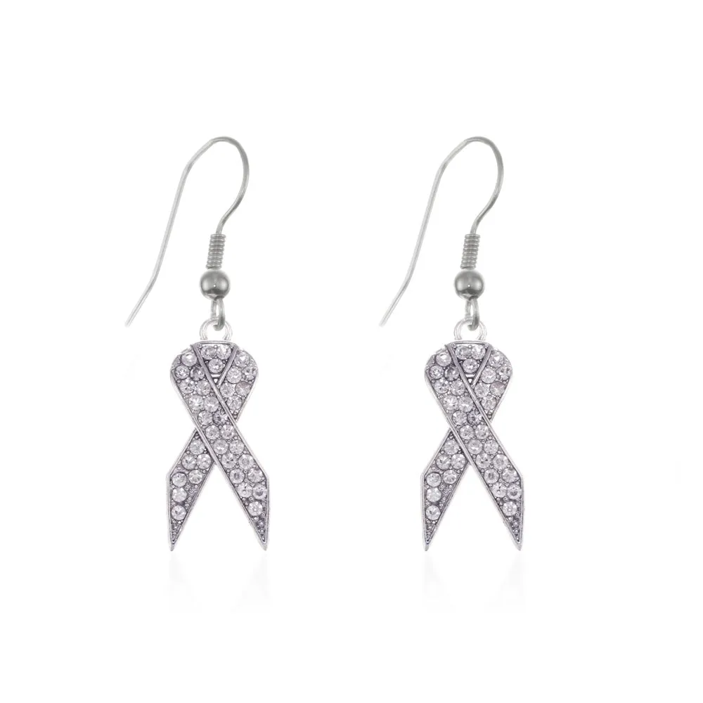 Silver Clear Ribbon Charm Dangle Earrings