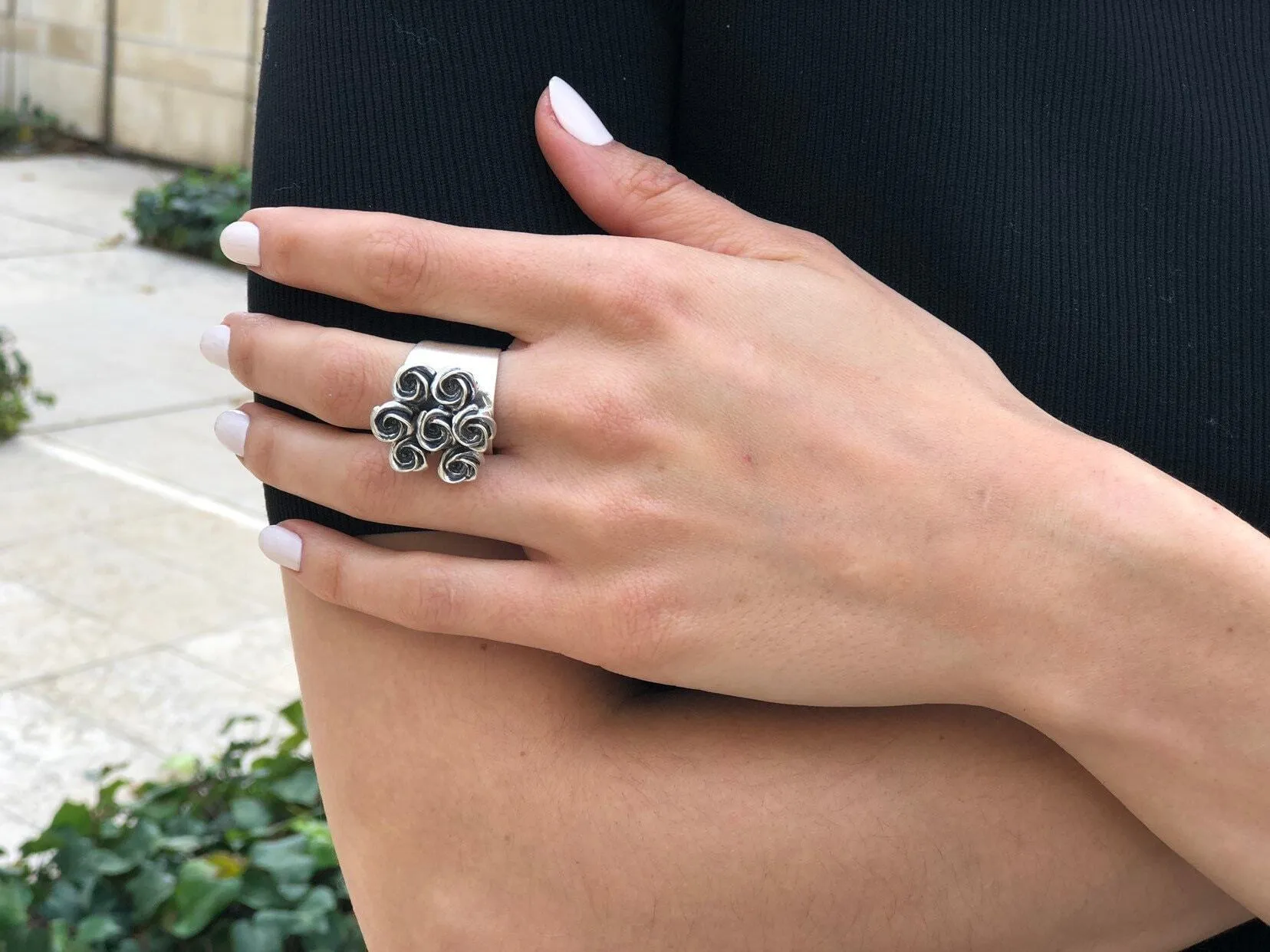 Silver Flower Ring - Cluster Roses Ring - Vintage Bouquet Ring