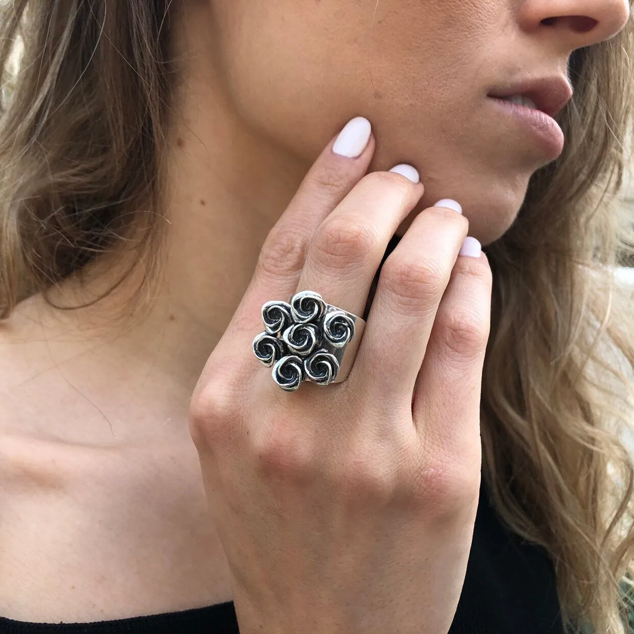 Silver Flower Ring - Cluster Roses Ring - Vintage Bouquet Ring