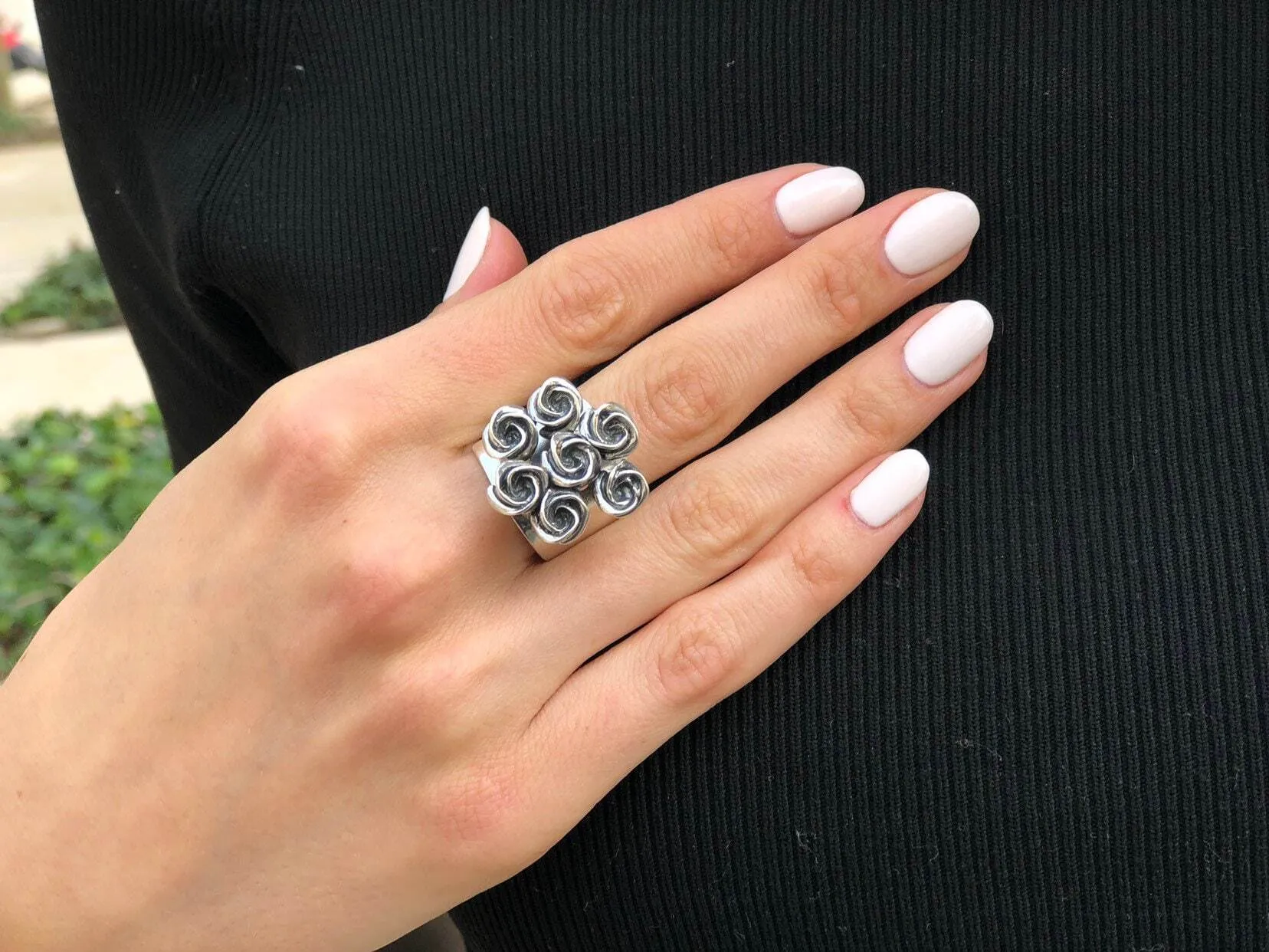 Silver Flower Ring - Cluster Roses Ring - Vintage Bouquet Ring