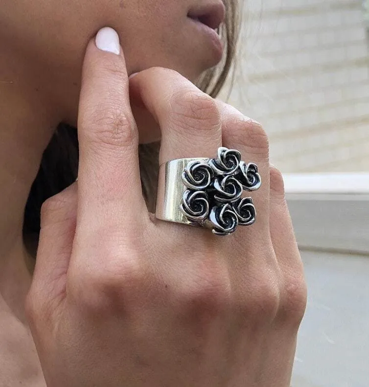 Silver Flower Ring - Cluster Roses Ring - Vintage Bouquet Ring