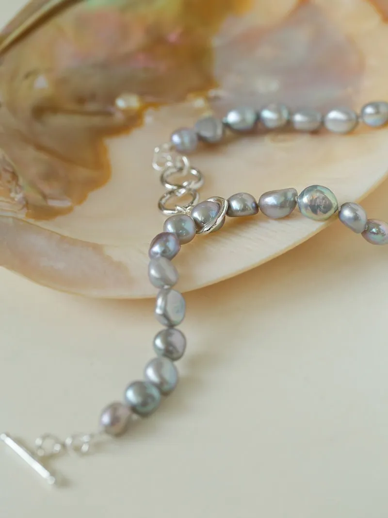 Silver Gray Freshwater Pearls Short OT Buckle Necklaces