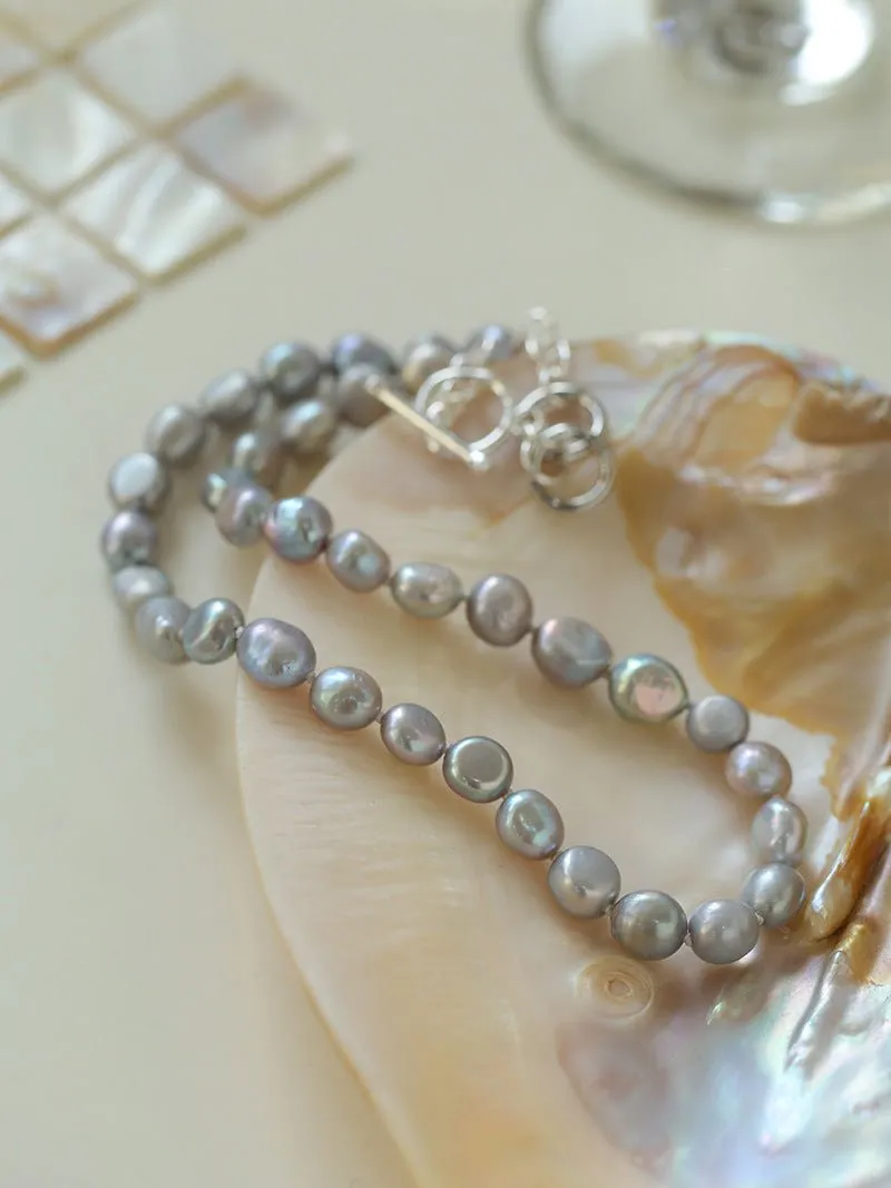 Silver Gray Freshwater Pearls Short OT Buckle Necklaces