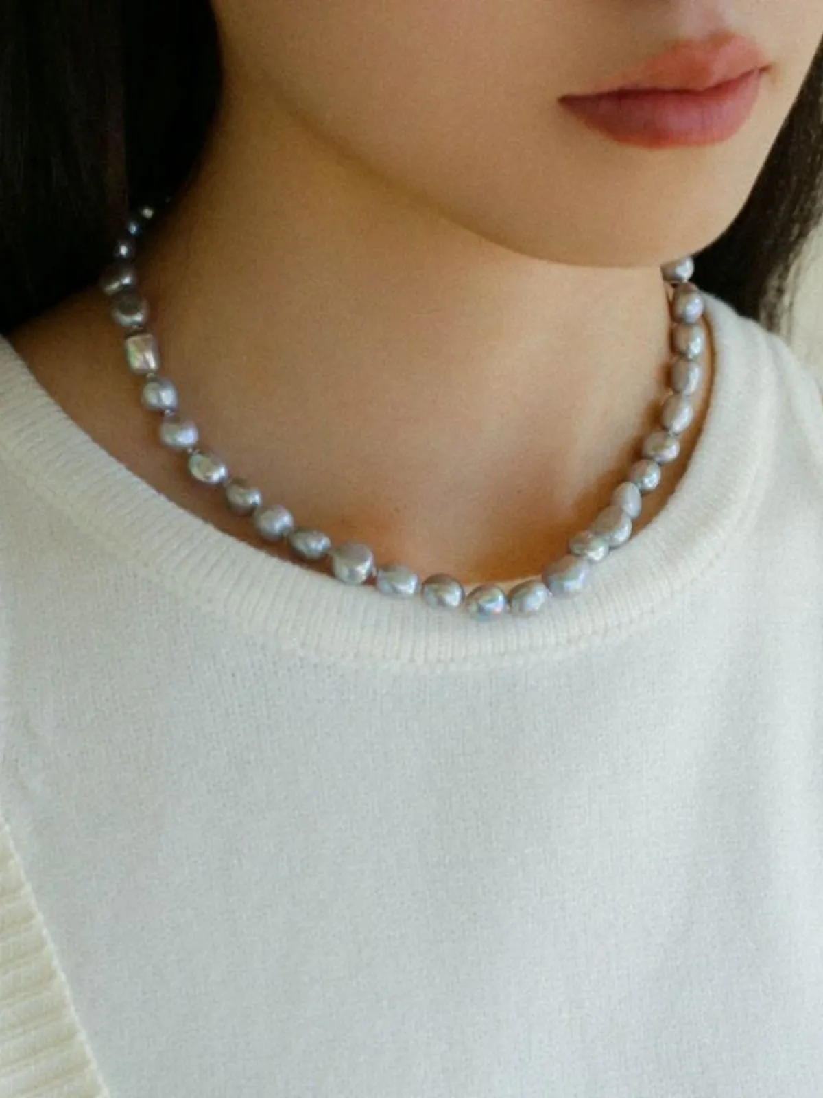 Silver Gray Freshwater Pearls Short OT Buckle Necklaces