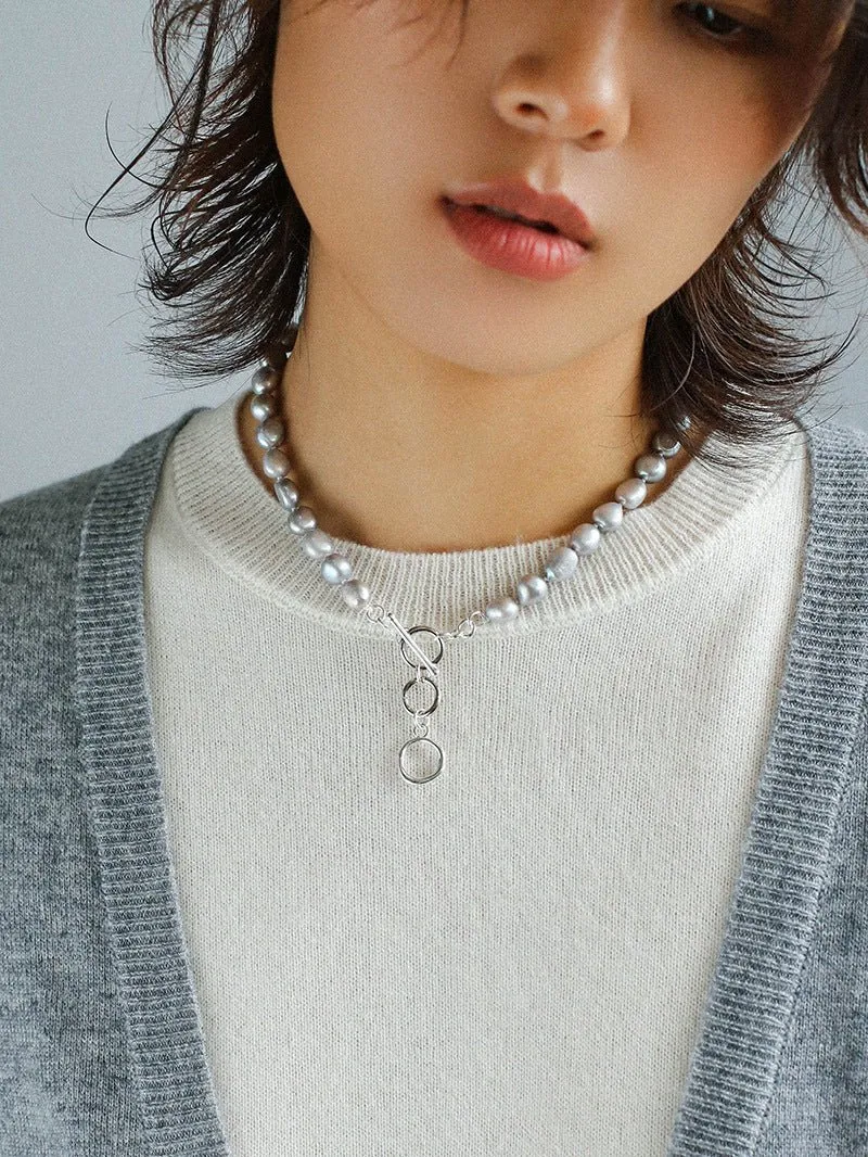 Silver Gray Freshwater Pearls Short OT Buckle Necklaces