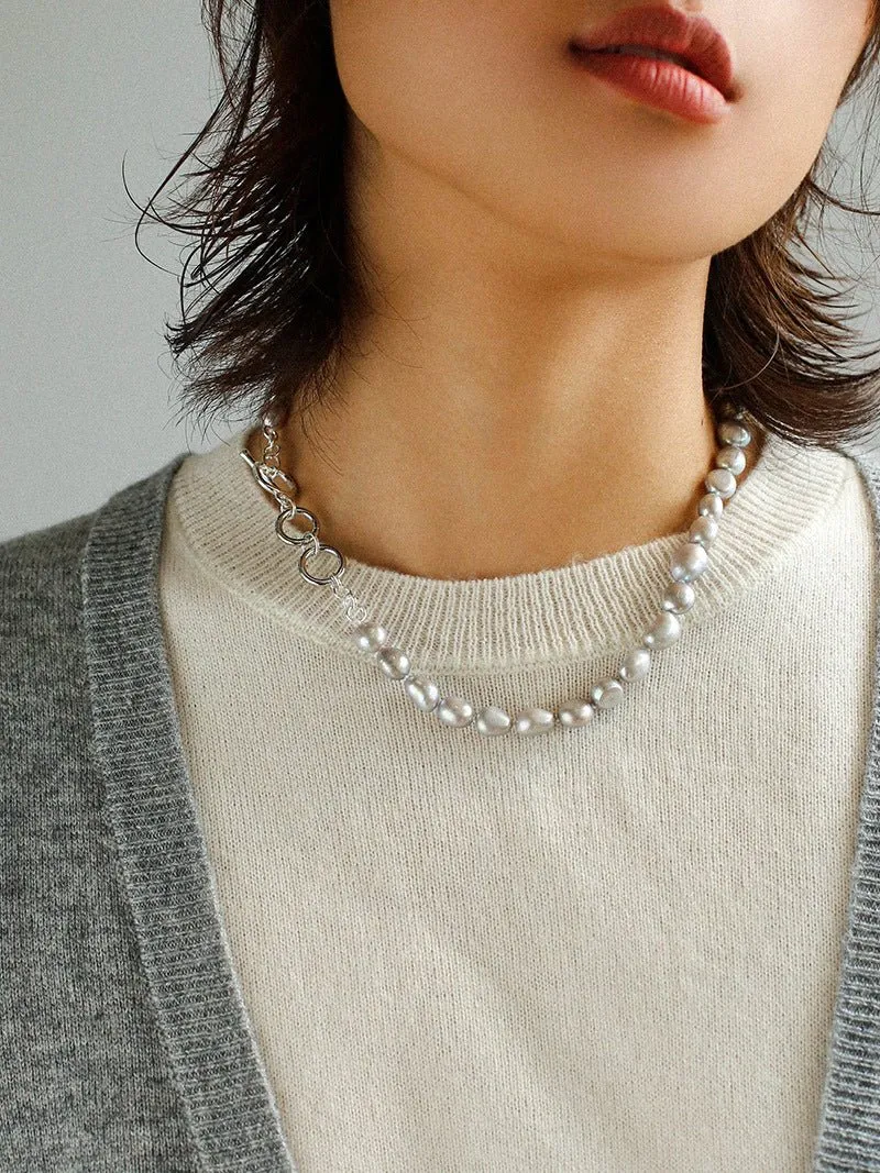 Silver Gray Freshwater Pearls Short OT Buckle Necklaces