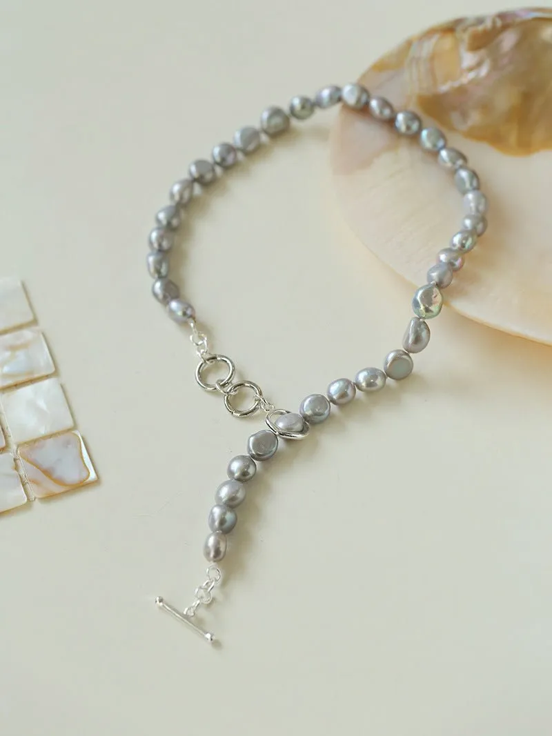 Silver Gray Freshwater Pearls Short OT Buckle Necklaces