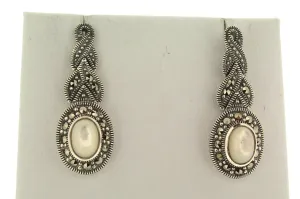 Silver Mother of Pearl Earrings Oval Marcasite Vintage Bride Wedding