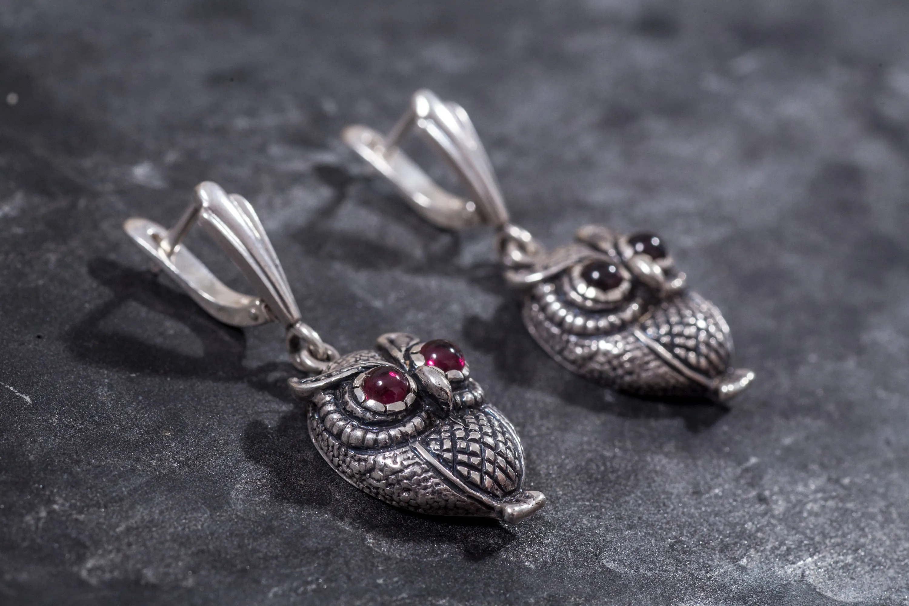 Silver Owl Earrings - Natural Garnet Earrings - Dangling Owl Earrings