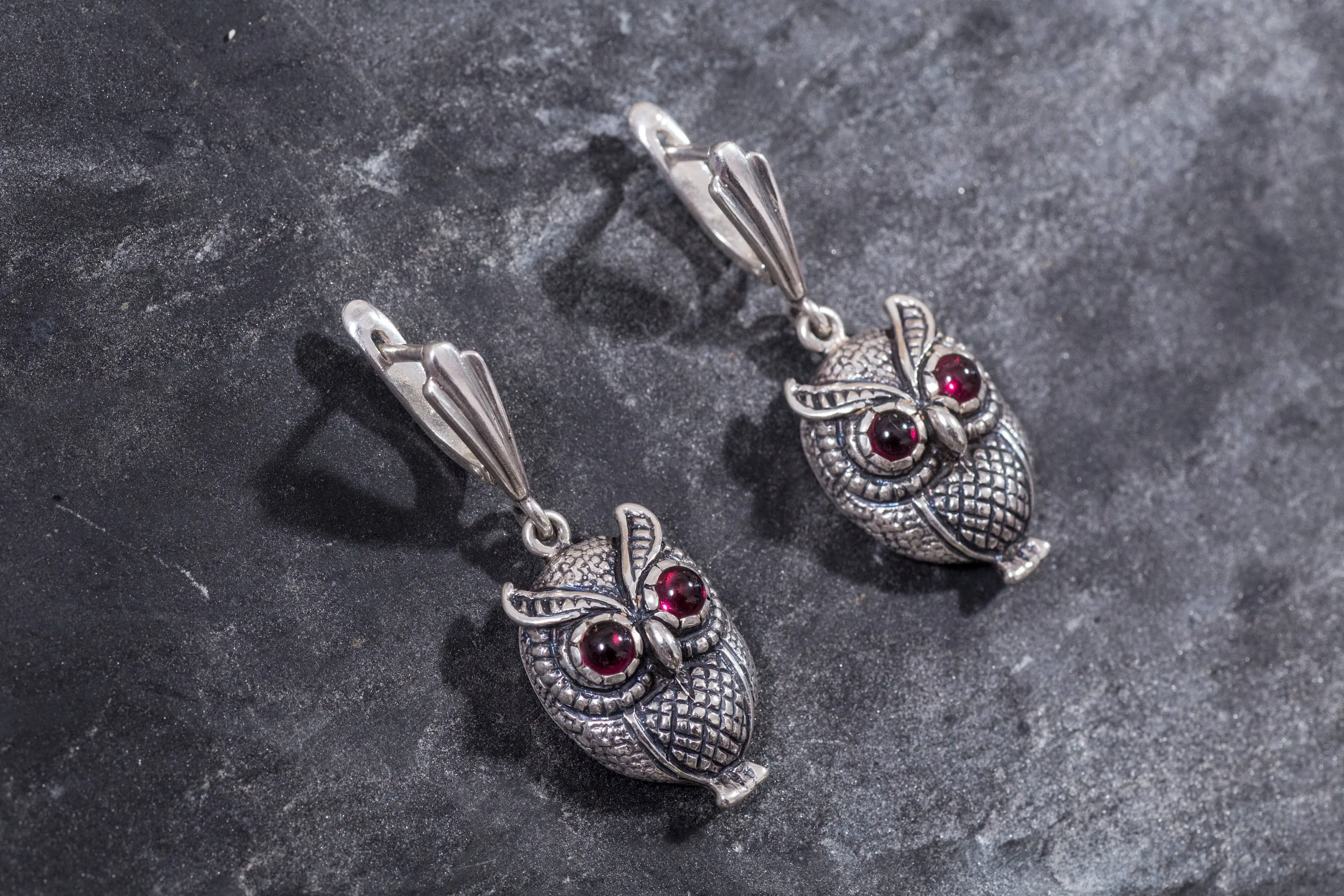 Silver Owl Earrings - Natural Garnet Earrings - Dangling Owl Earrings