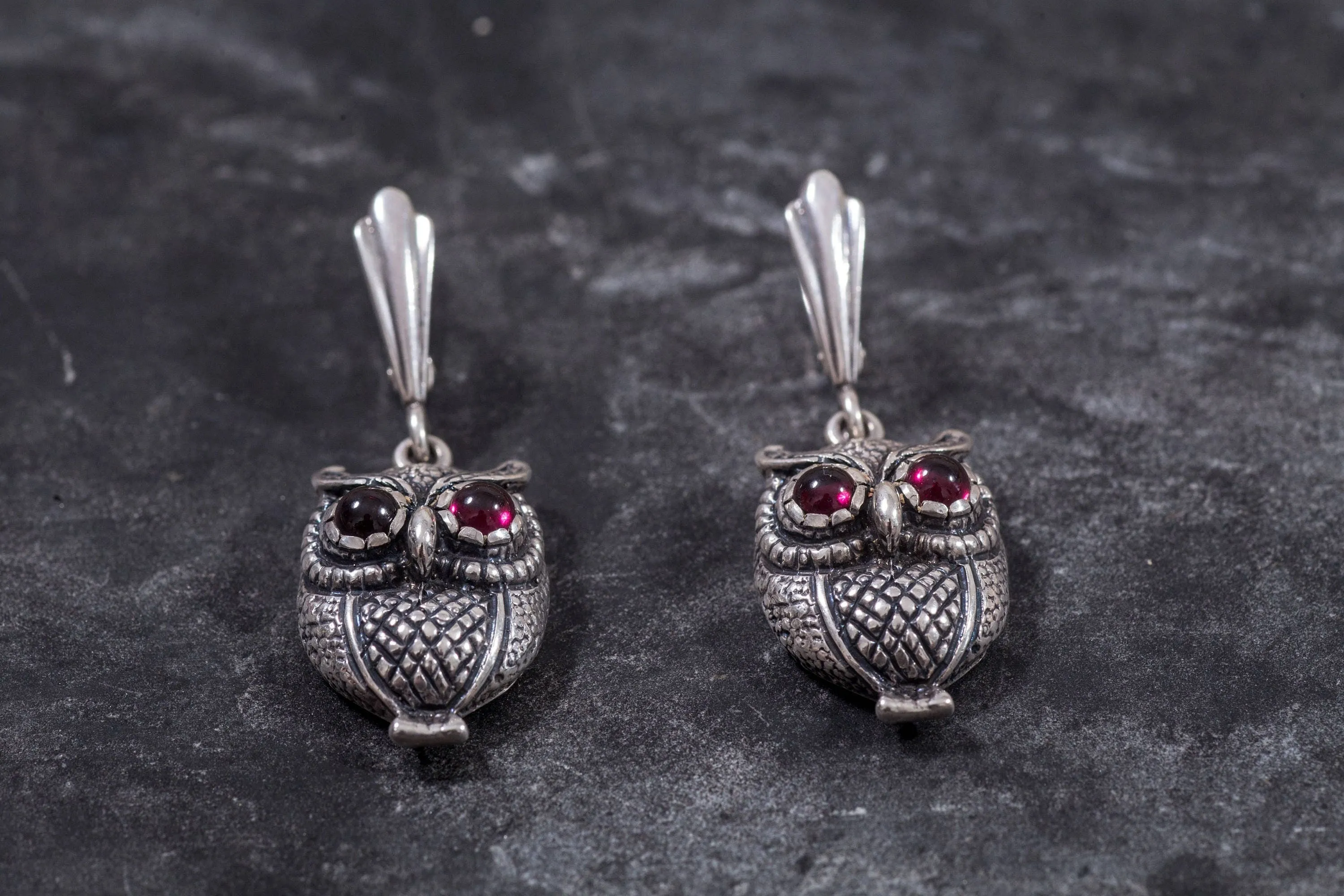 Silver Owl Earrings - Natural Garnet Earrings - Dangling Owl Earrings