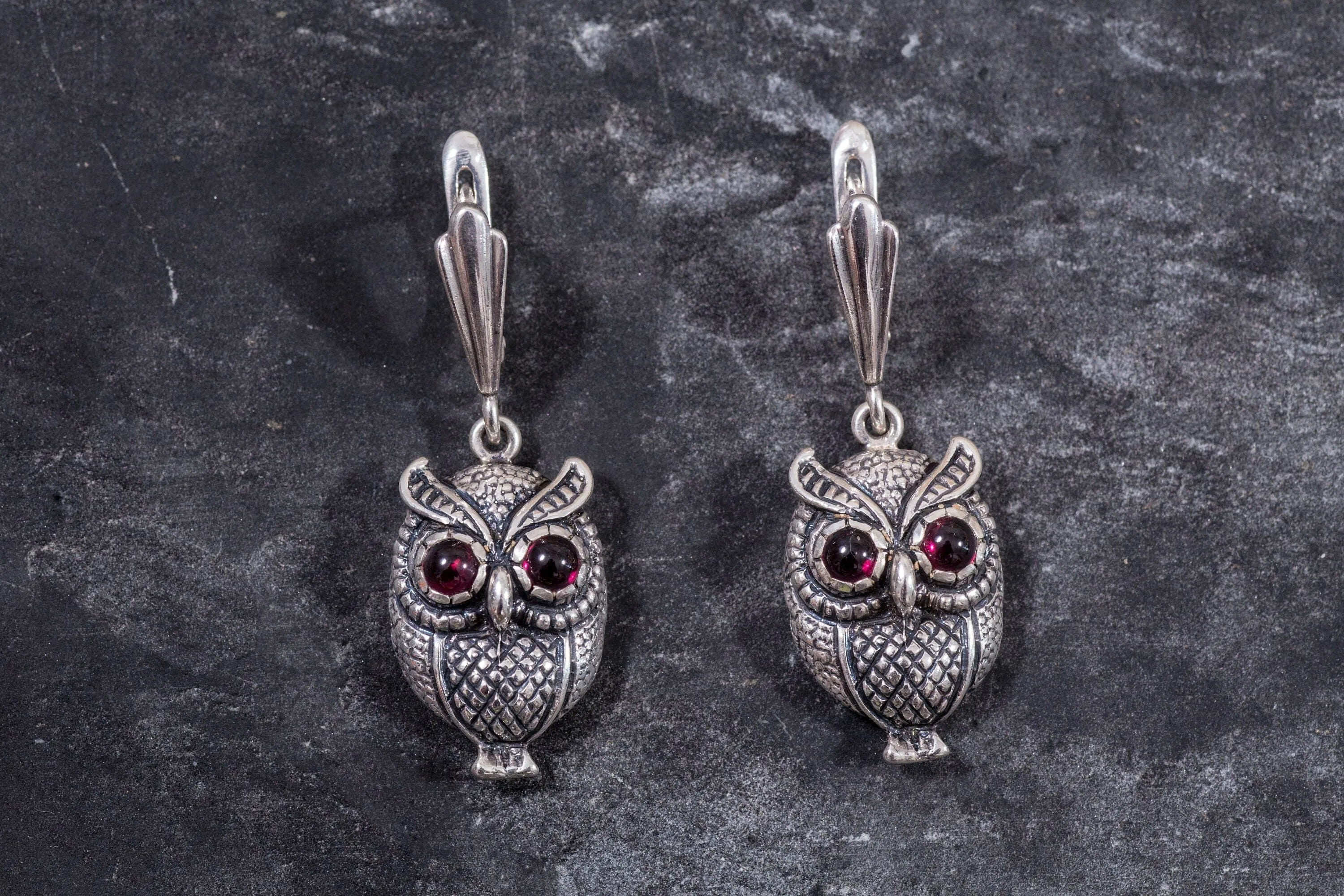 Silver Owl Earrings - Natural Garnet Earrings - Dangling Owl Earrings