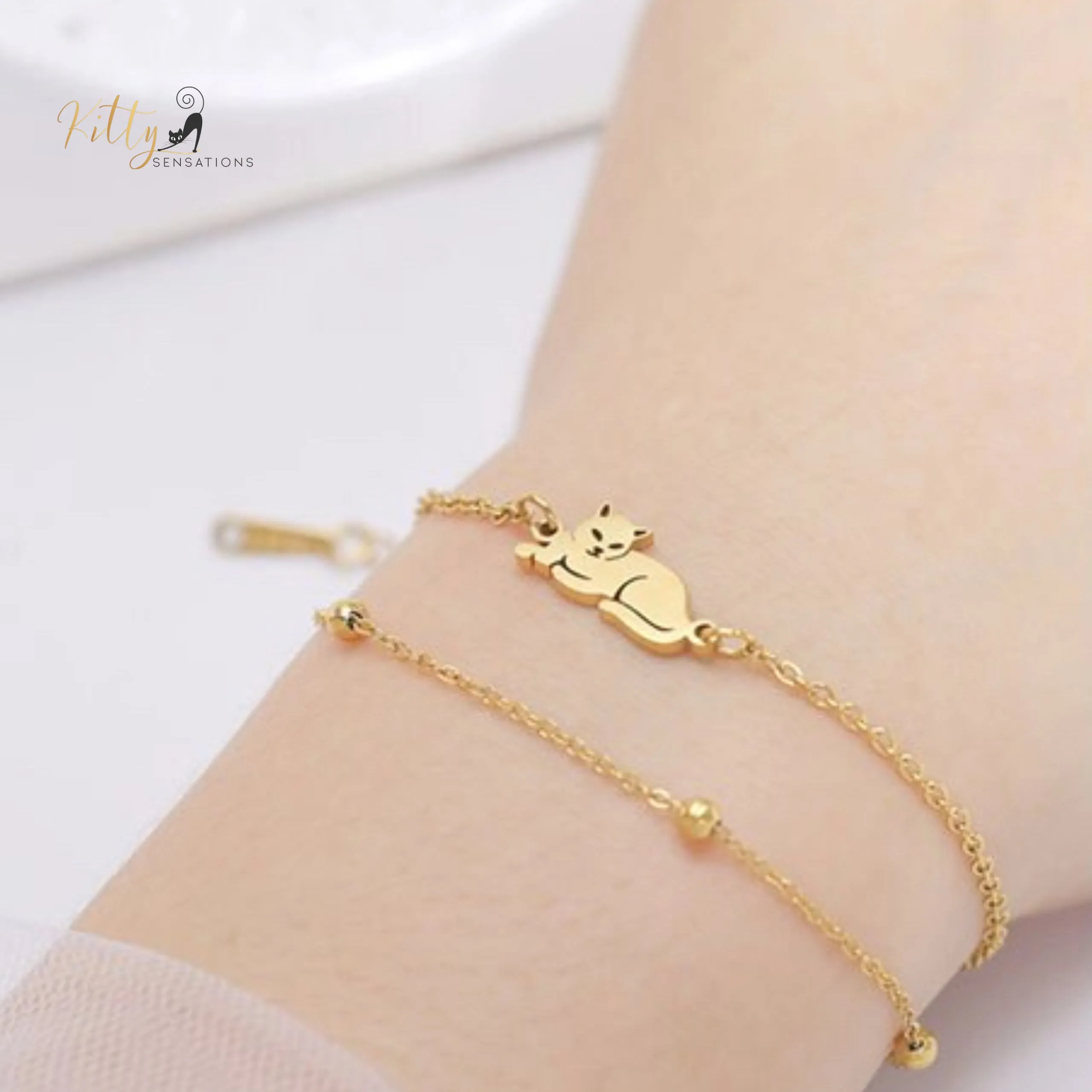 Sitting Cat, Two Chain - Very Feminine - Bracelet (Adjustable Length)