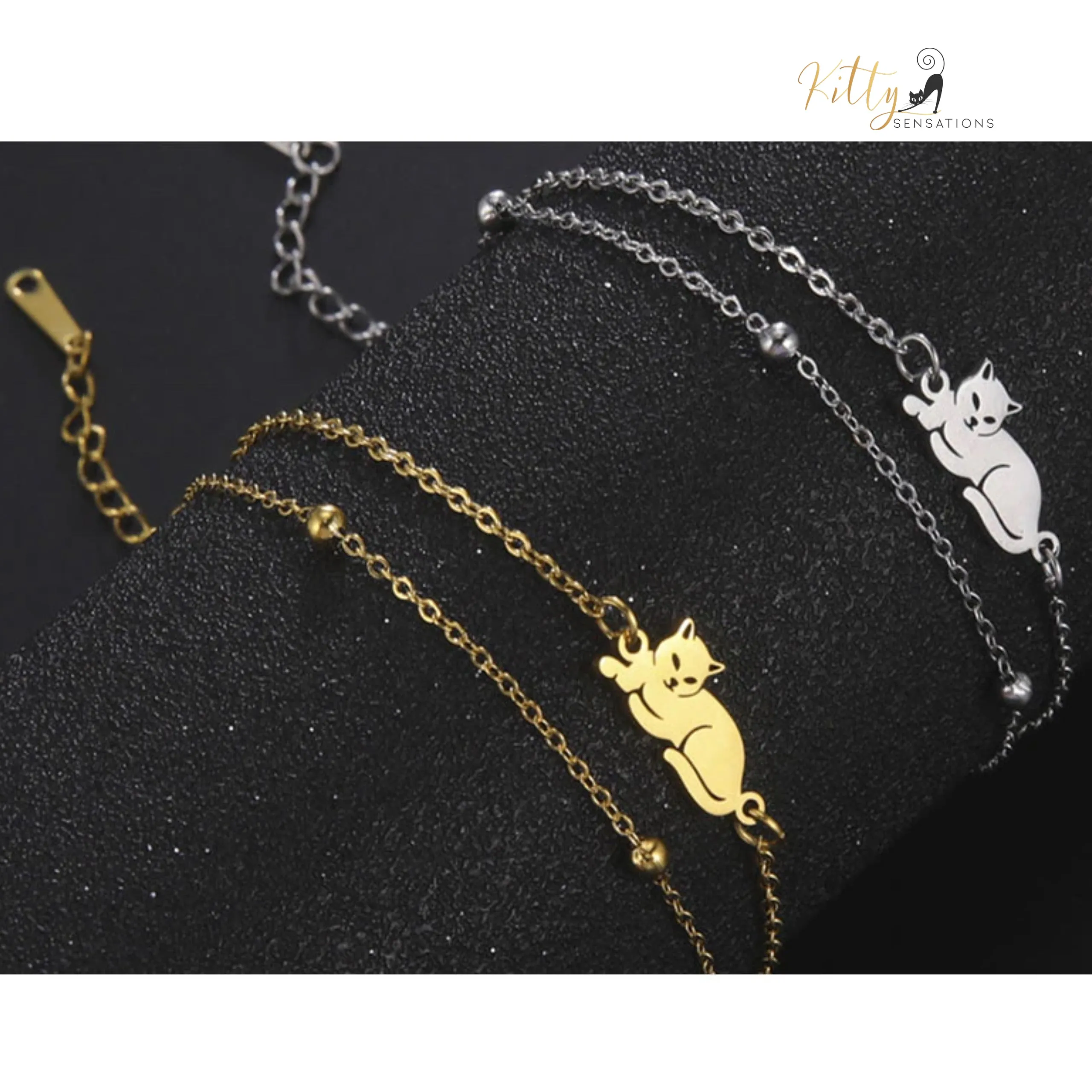 Sitting Cat, Two Chain - Very Feminine - Bracelet (Adjustable Length)