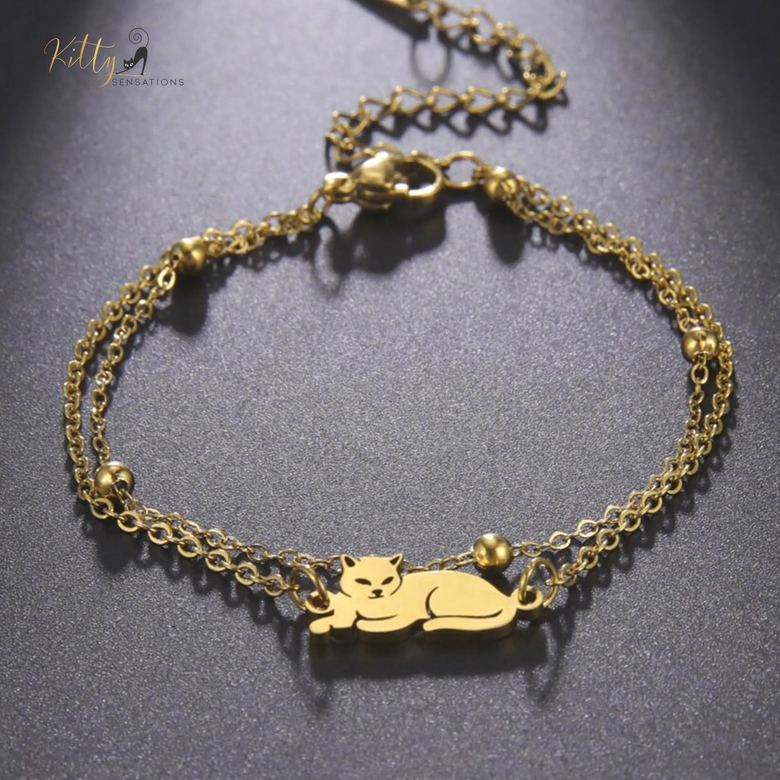 Sitting Cat, Two Chain - Very Feminine - Bracelet (Adjustable Length)