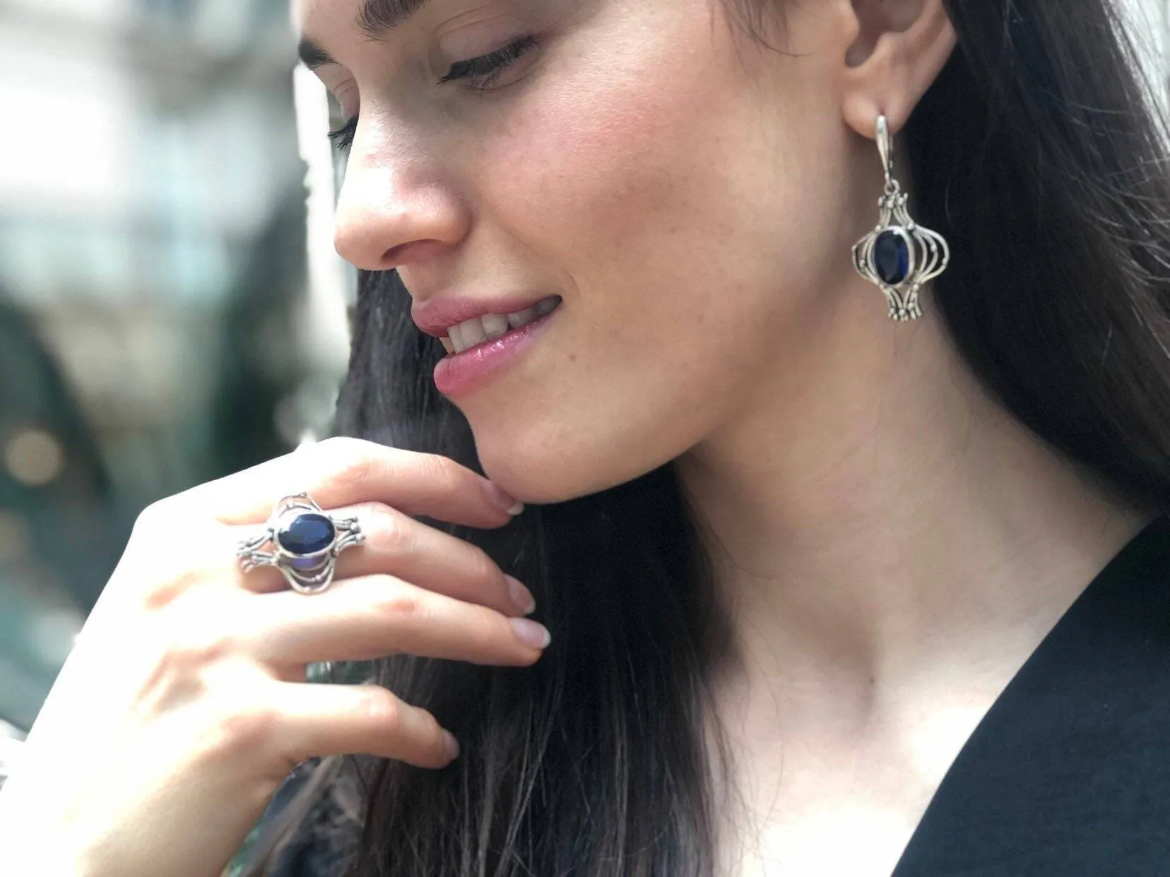 Statement Sapphire Earrings - Blue Dangling Earrings - Vintage Heavy Earrings