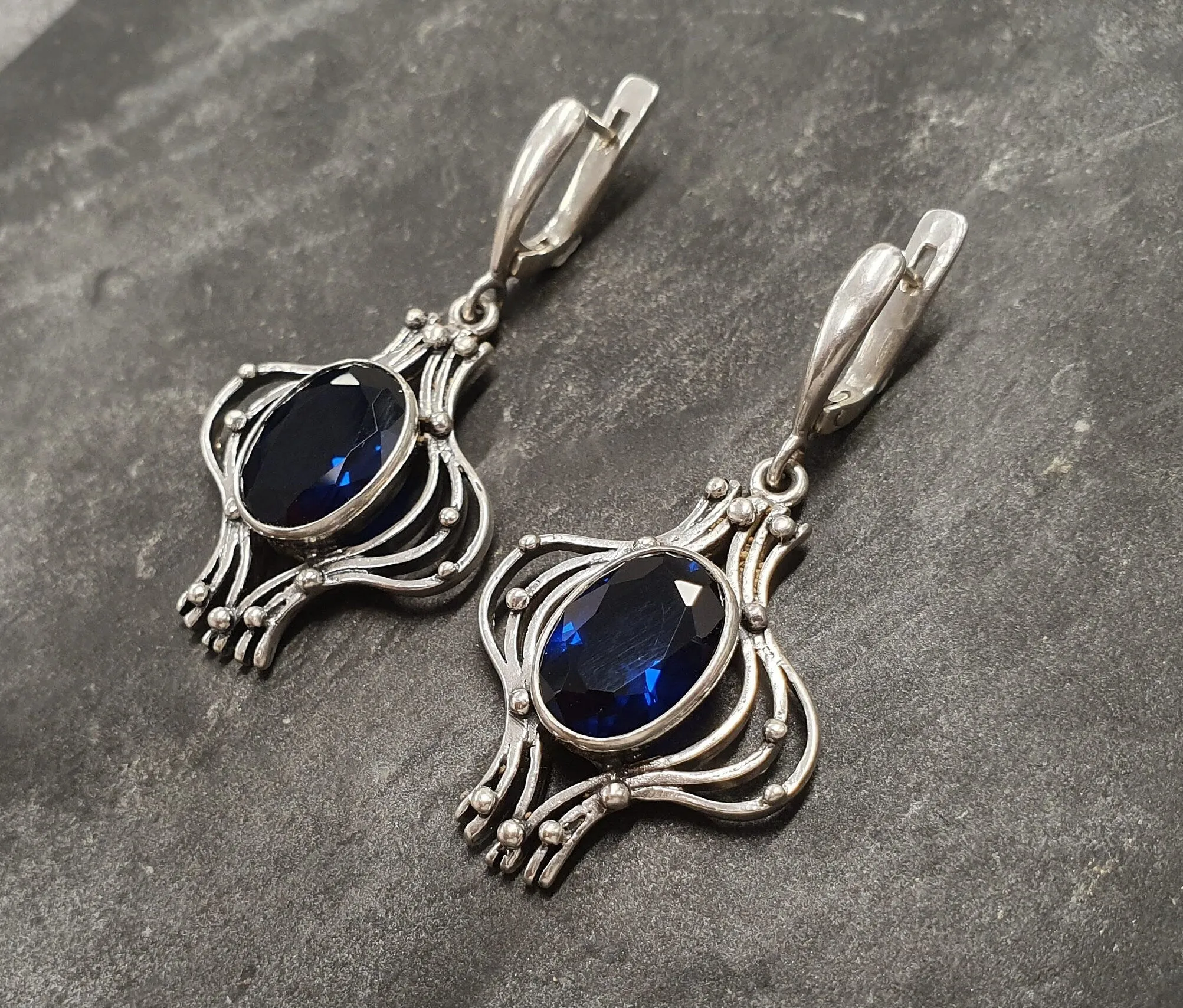 Statement Sapphire Earrings - Blue Dangling Earrings - Vintage Heavy Earrings