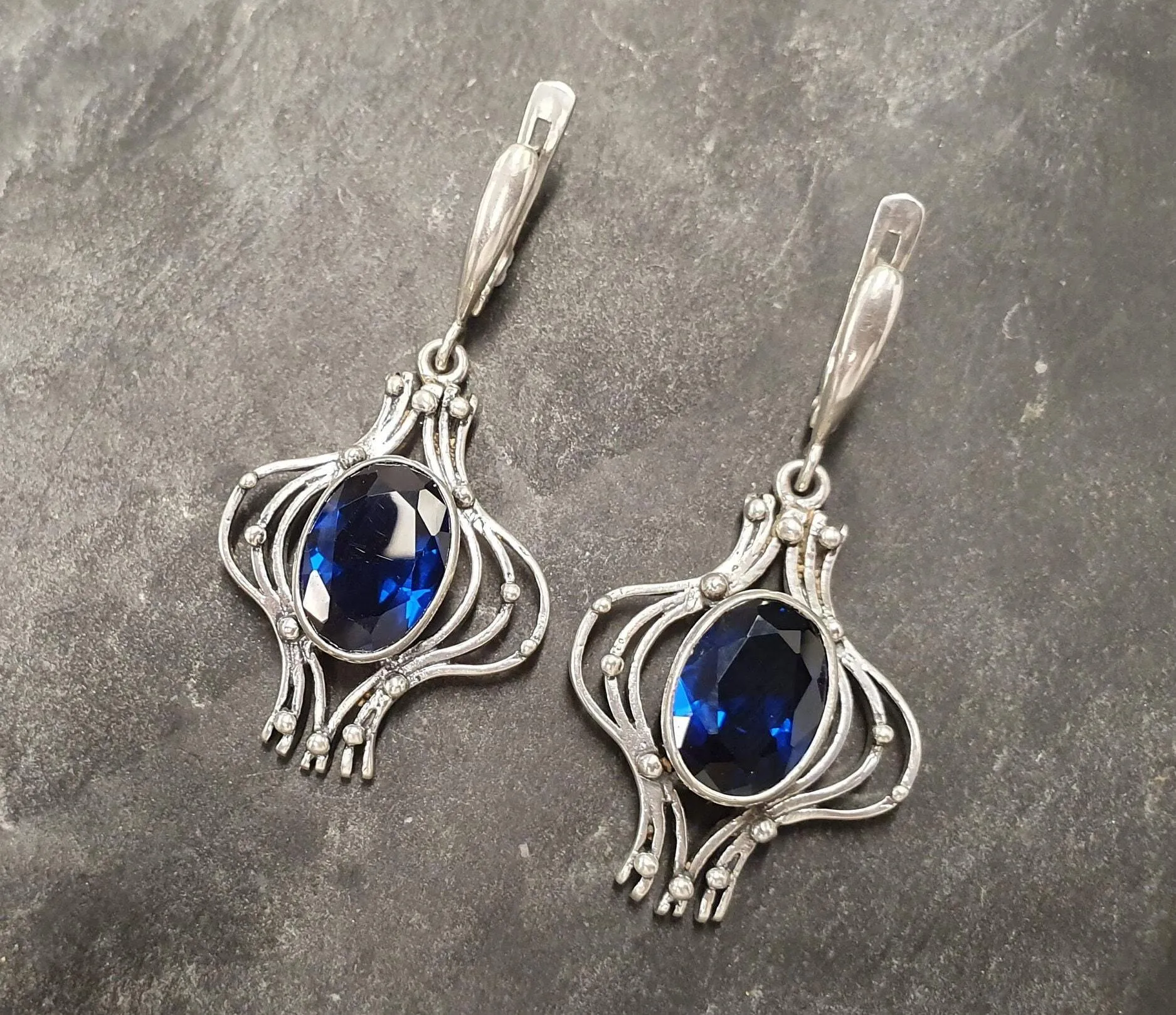 Statement Sapphire Earrings - Blue Dangling Earrings - Vintage Heavy Earrings